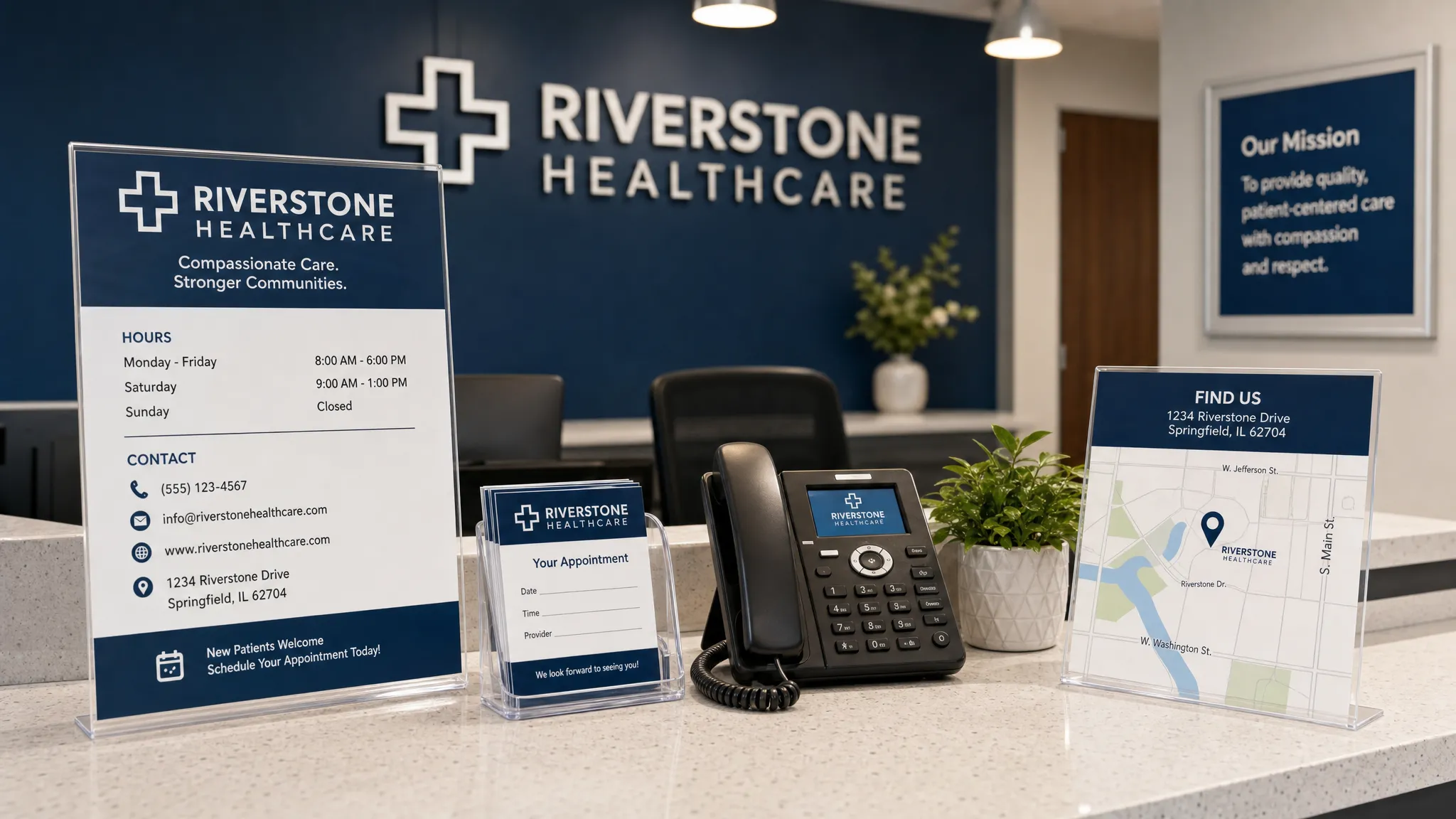 A healthcare clinic front desk with clear signage, a phone, appointment cards, and a small local map on the counter, representing accurate Google Business Profile information and patient-ready contact details.
