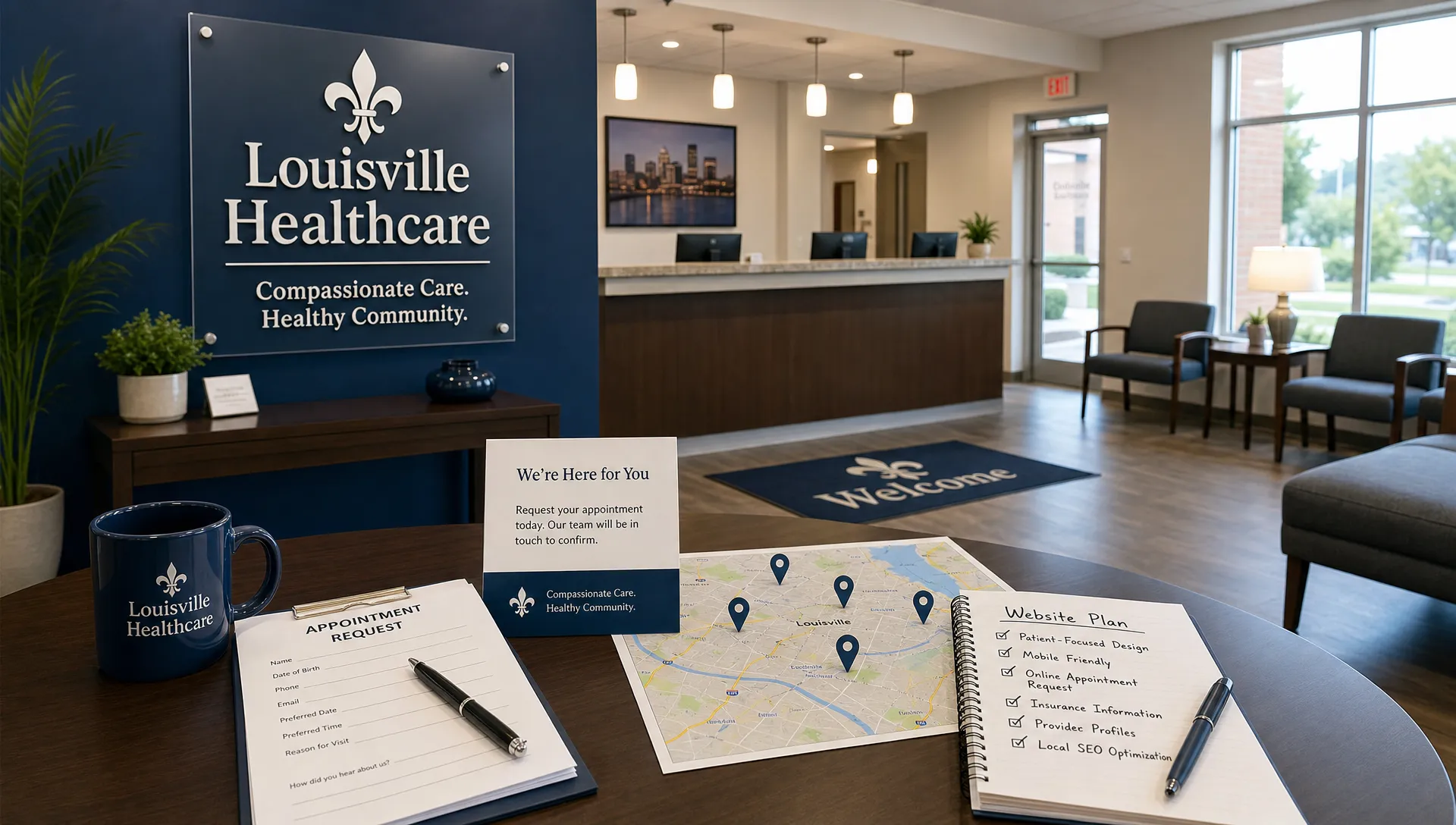 A Louisville healthcare practice reception area with a wall sign, appointment request forms, local search map pins, and website planning notes arranged on a table, shown from a wider angle that includes the front desk and waiting area.
