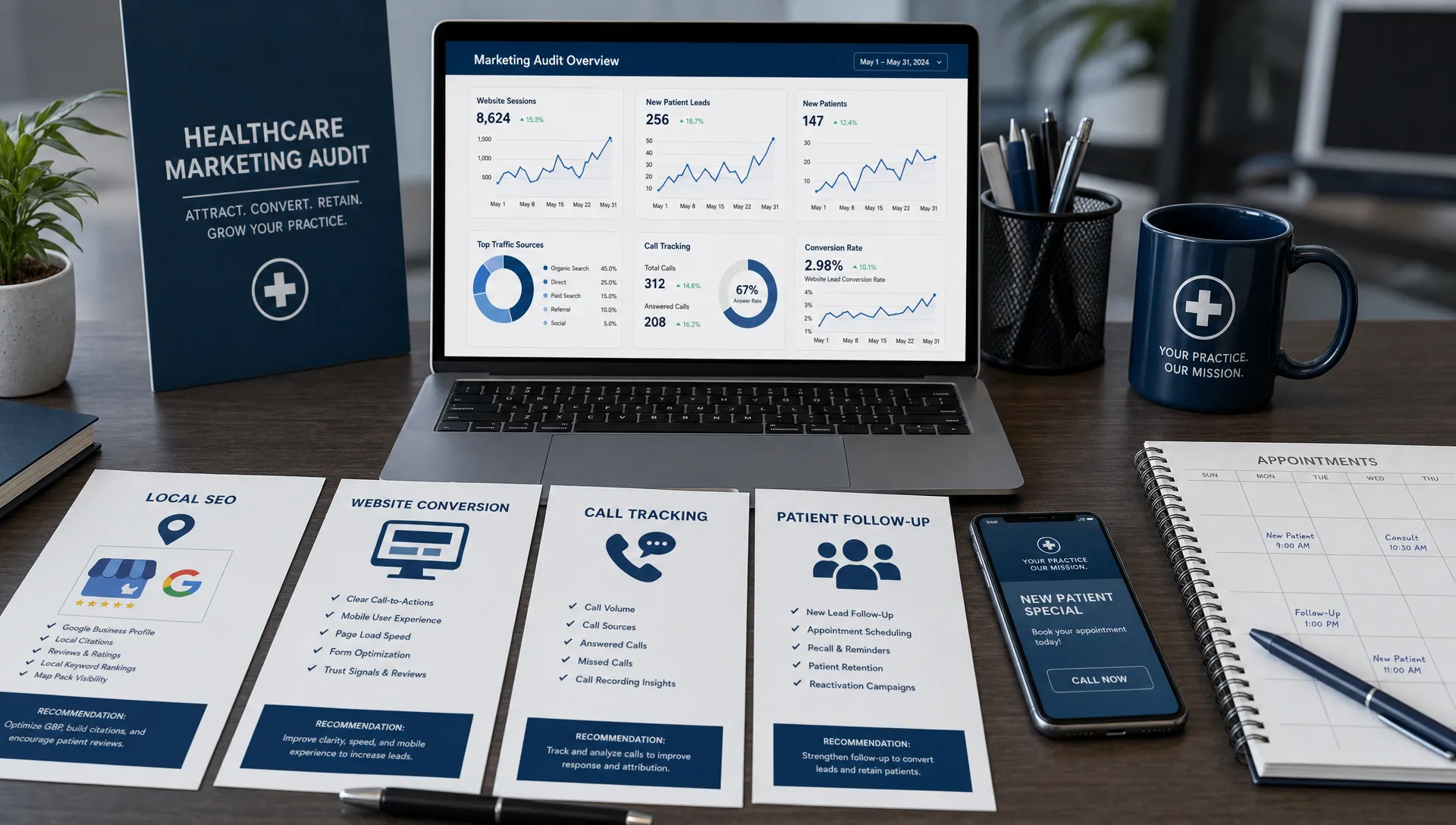A healthcare marketing audit workspace showing a laptop with analytics charts facing the viewer, printed notes about local SEO, website conversion, call tracking, and patient follow-up, with a phone and appointment calendar on the desk.