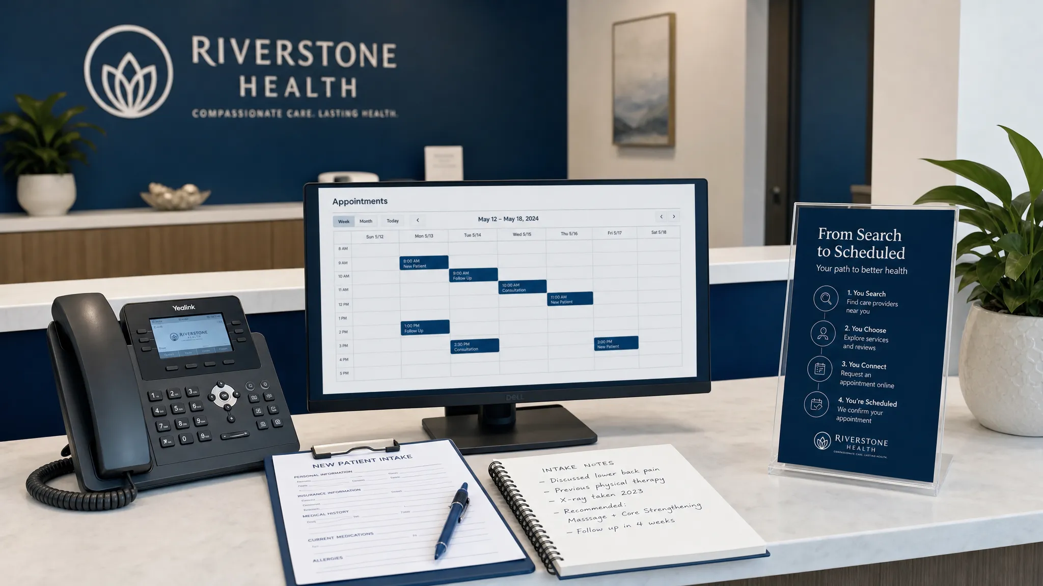 A healthcare practice front desk with a phone, appointment calendar, intake notes, and marketing materials showing the path from patient search to scheduled appointment.