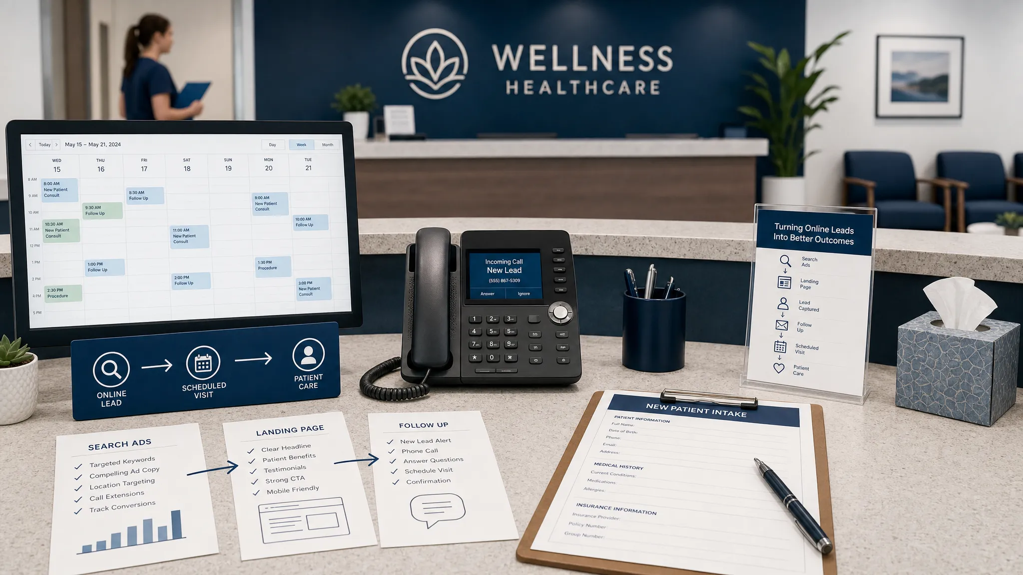 A front desk in a healthcare practice with a ringing phone, appointment calendar, patient intake clipboard, and printed notes labeled search ads, landing page, and follow up, showing how online leads become scheduled visits.