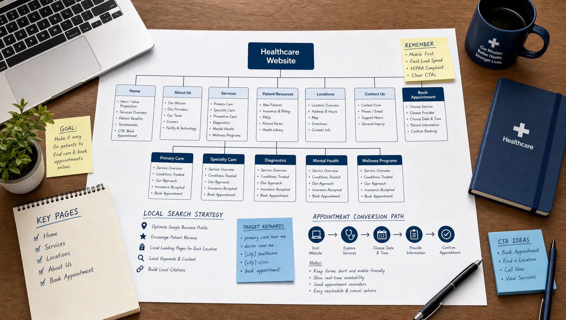 A healthcare website planning layout on a table with a sitemap, service pages, local search notes, and appointment conversion paths organized around it.