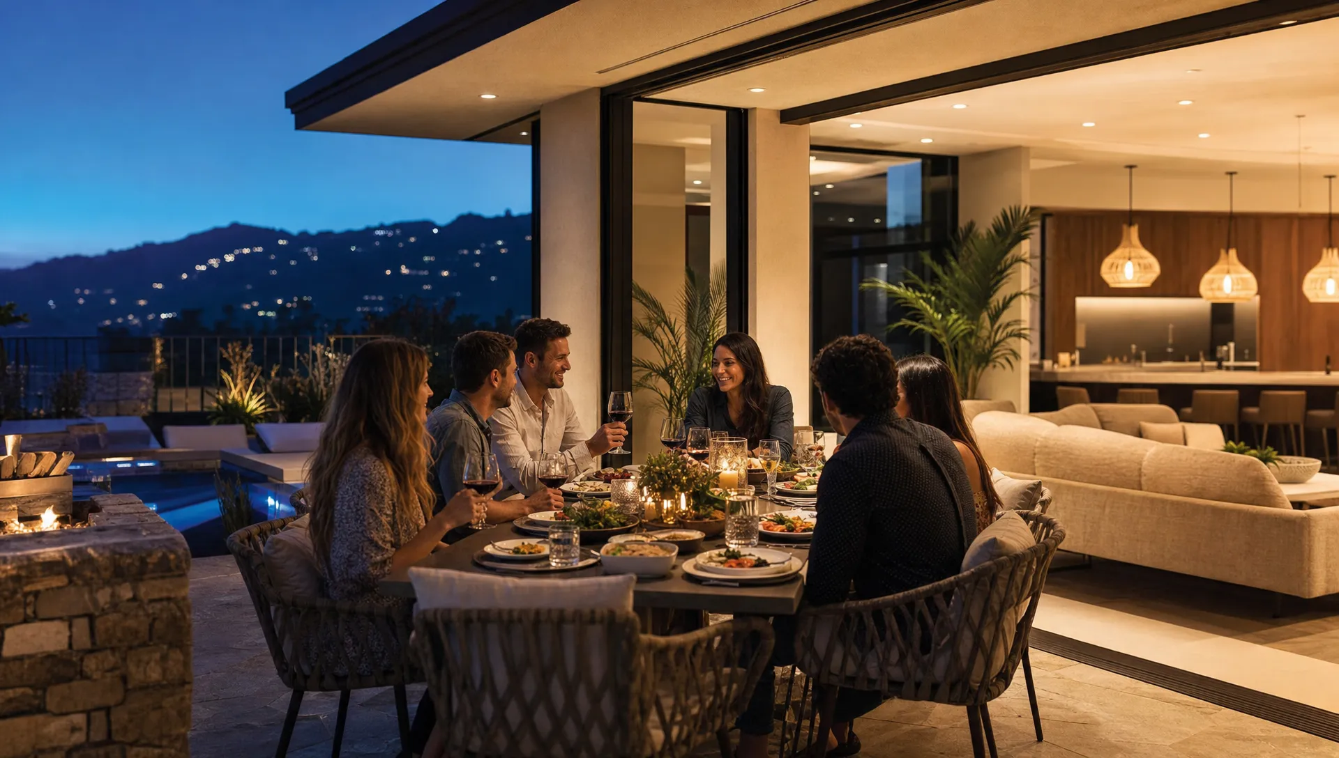 Family and friends dining outdoors at a private luxury home rental with warm evening lighting, a full table setting, and open living space nearby, framed from the side with the patio and interior flow visible.