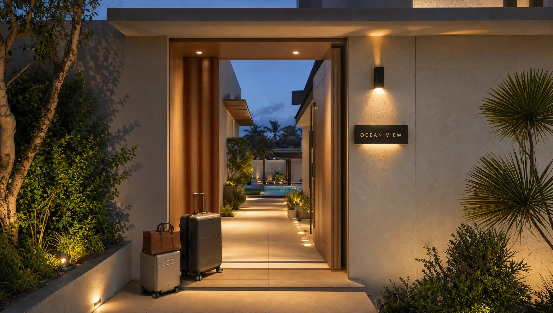 A wide landscape view of a private luxury home rental entry experience at dusk, with a modern front facade, lit pathway, parked luggage near the door, and a glimpse of a landscaped courtyard beyond the entry, conveying privacy, arrival ease, and a managed stay.