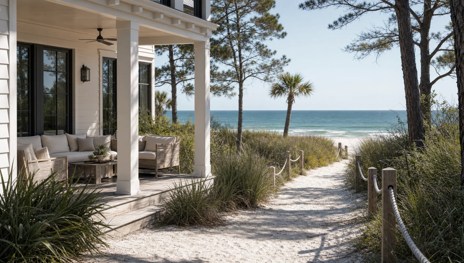 A private luxury beach home exterior with a shaded seating area, dune-friendly landscaping, and a visible path leading toward the shoreline, highlighting the access and privacy details travelers should check before booking.