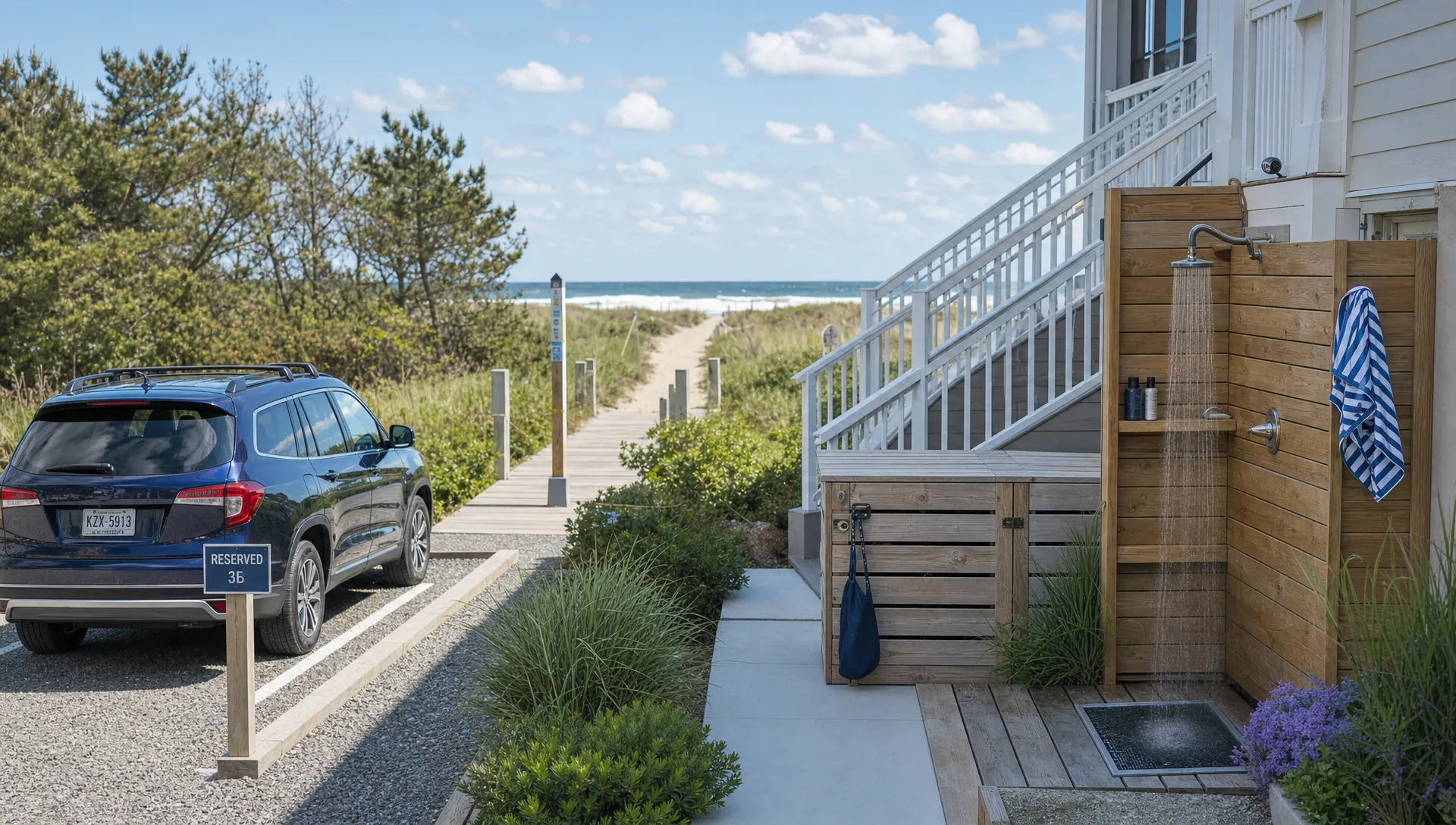 A wide coastal scene focused on the practical side of a premium beach stay, with a private vacation home patio overlooking dunes and a public shoreline access path in the distance, a parked car in a reserved space, and a clear outdoor rinse station near the entry, emphasizing access, privacy, and real-world logistics rather than just the view.