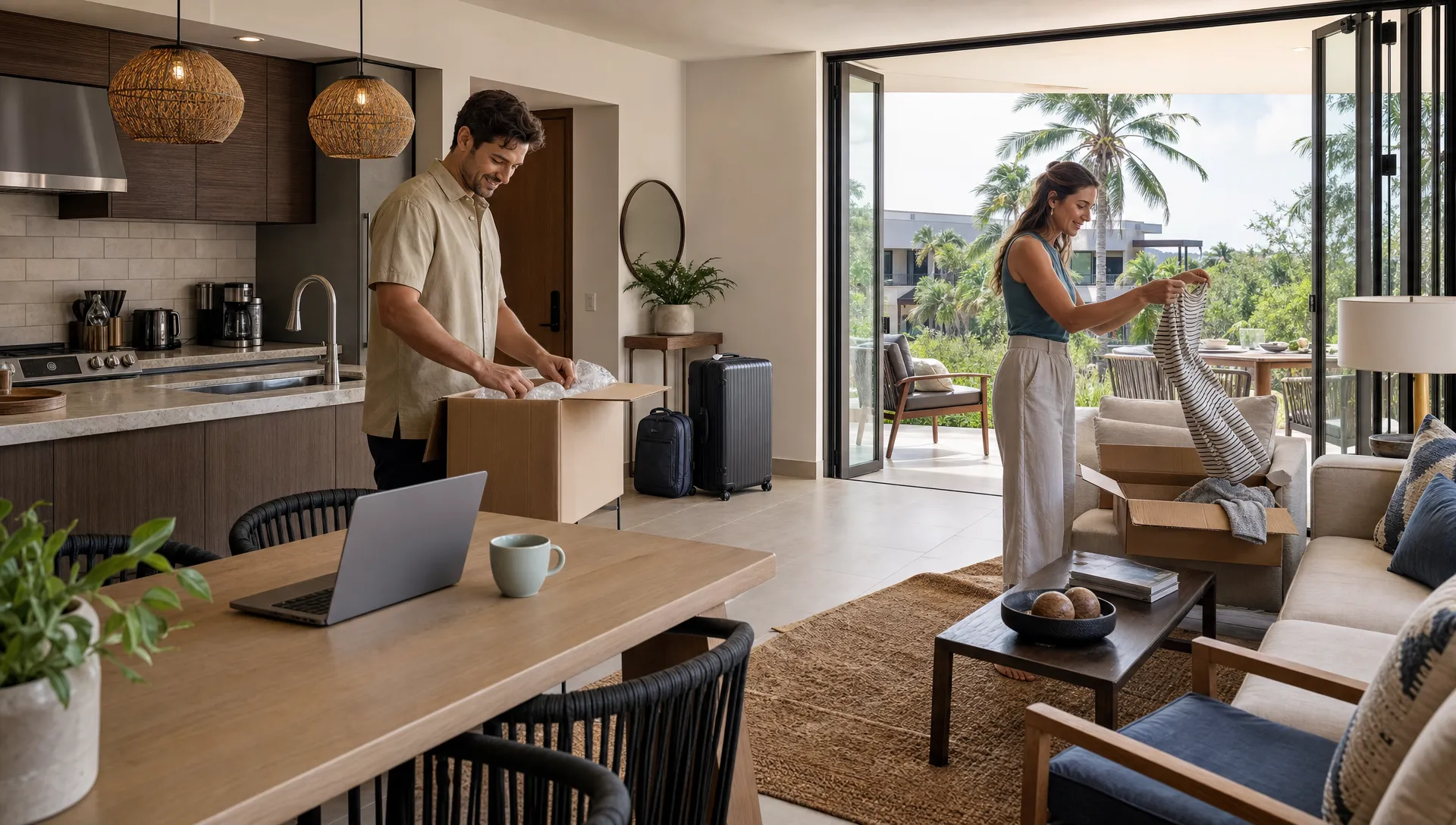 A couple unpacking into a private living room and kitchen in a luxury weekly rental, with luggage tucked beside the entry, a laptop on the dining table, and an outdoor seating area visible through open glass doors.