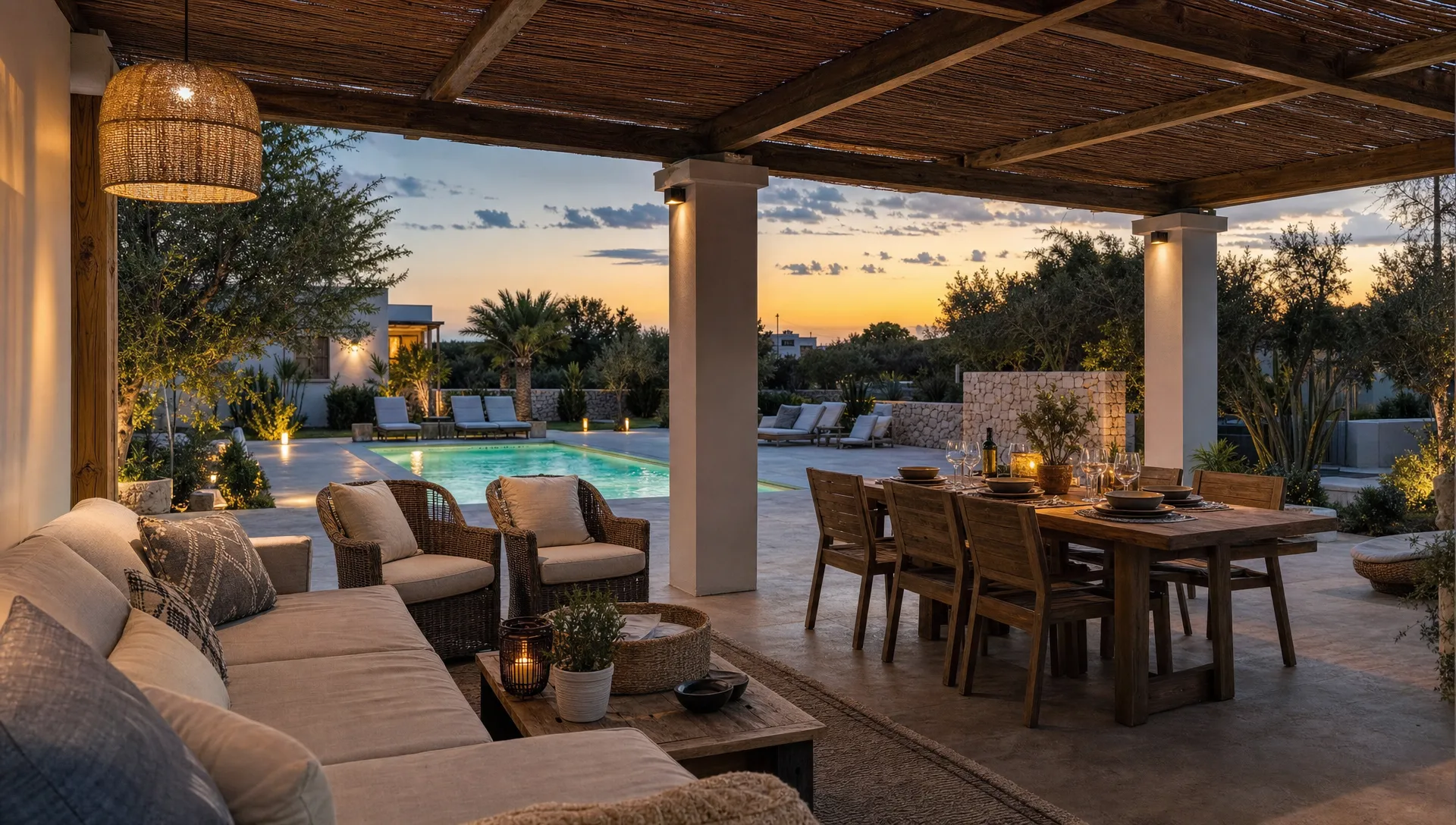 A private outdoor lounge at a weekly rental, with shaded seating, a dining table set for dinner, and a pool visible beyond the patio, framed from a low angle to show how the space supports a longer stay.