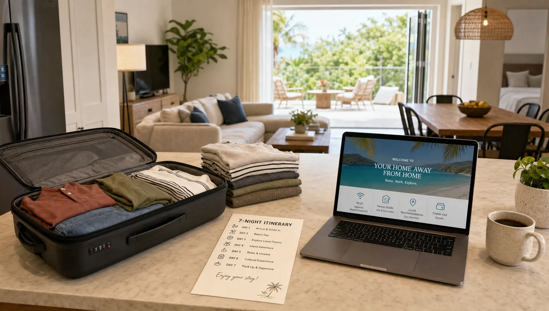 A wide conceptual scene centered on a neatly packed open suitcase, a small stack of folded laundry, a laptop facing the camera, and a printed seven-night itinerary card on a kitchen island inside a bright private vacation home. In the background, a separate living area, a dining table, and a glimpse of outdoor seating are softly visible through open doors, suggesting how a weekly home stay supports real routines, work, and privacy better than a hotel. No people visible.