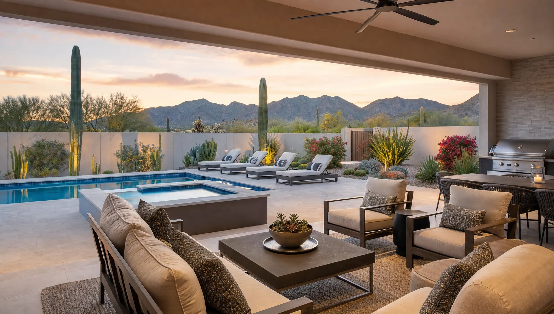 Private backyard pool and covered patio at a Scottsdale luxury rental, with desert landscaping, lounge seating, and mountain views in the distance