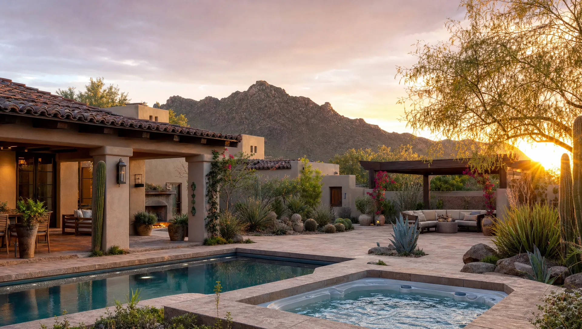 A wide desert resort-style scene centered on a private Scottsdale home exterior at sunrise, with a secluded courtyard, mature desert landscaping, a shaded seating nook, a visible hot tub, and a mountain backdrop, with no people visible. The composition should feel like an establishing view of a private luxury escape rather than a patio detail shot.