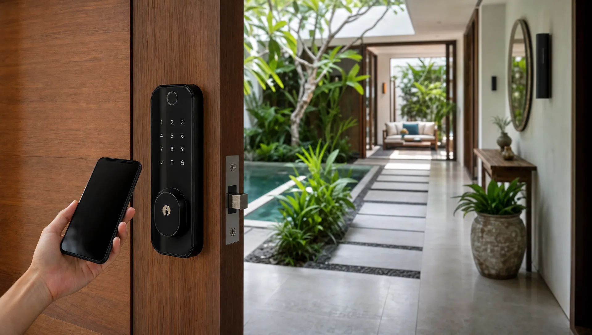 A smart lock at a private luxury rental entry shows easy arrival, with a calm hallway and pool courtyard beyond.
