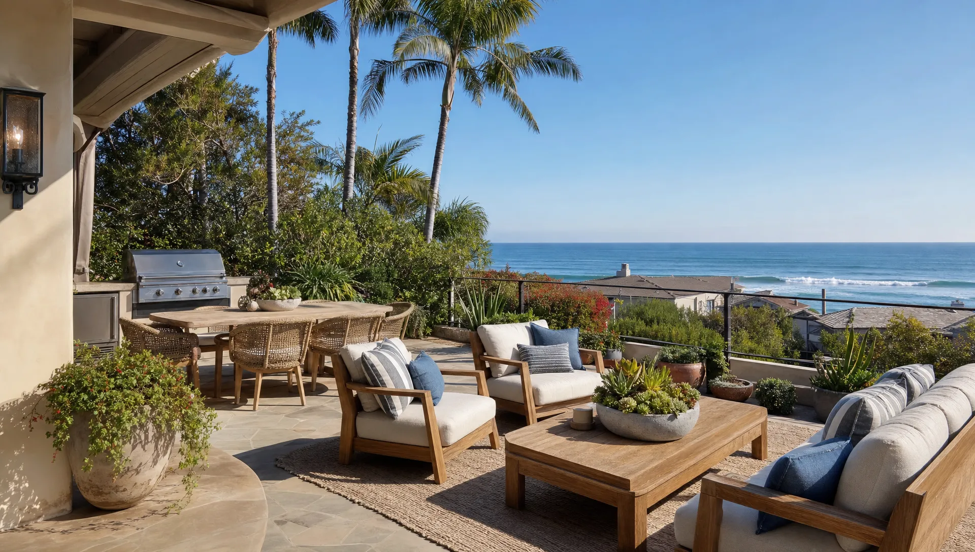 A private California coastal patio with comfortable lounge seating, a dining table, potted greenery, and an open view toward the ocean, designed for couples and families staying in a luxury vacation home.