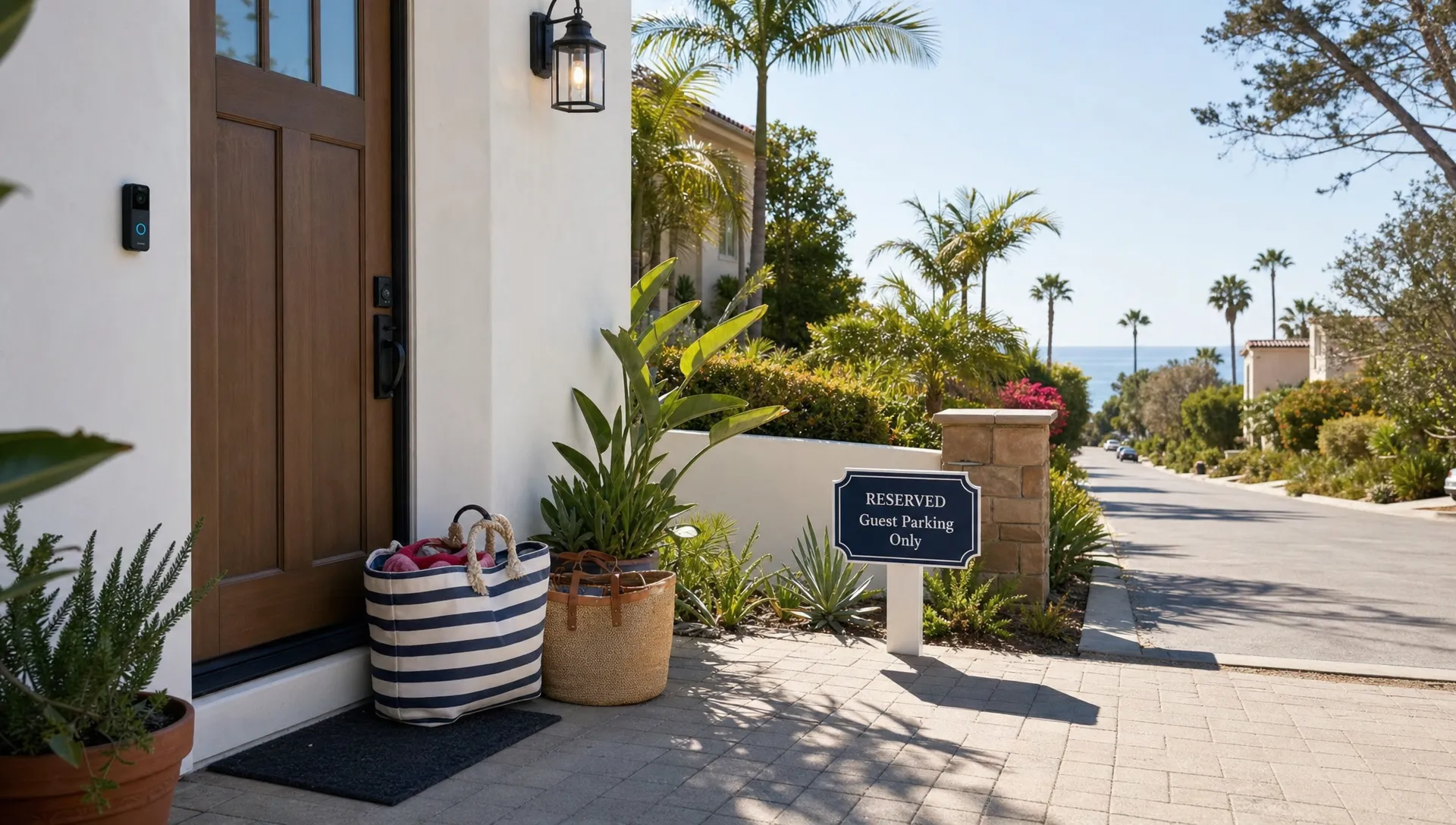 A private California vacation home entry with beach bags, a reserved driveway, smart lock access, and a quiet coastal street, showing a smooth arrival for a family stay.