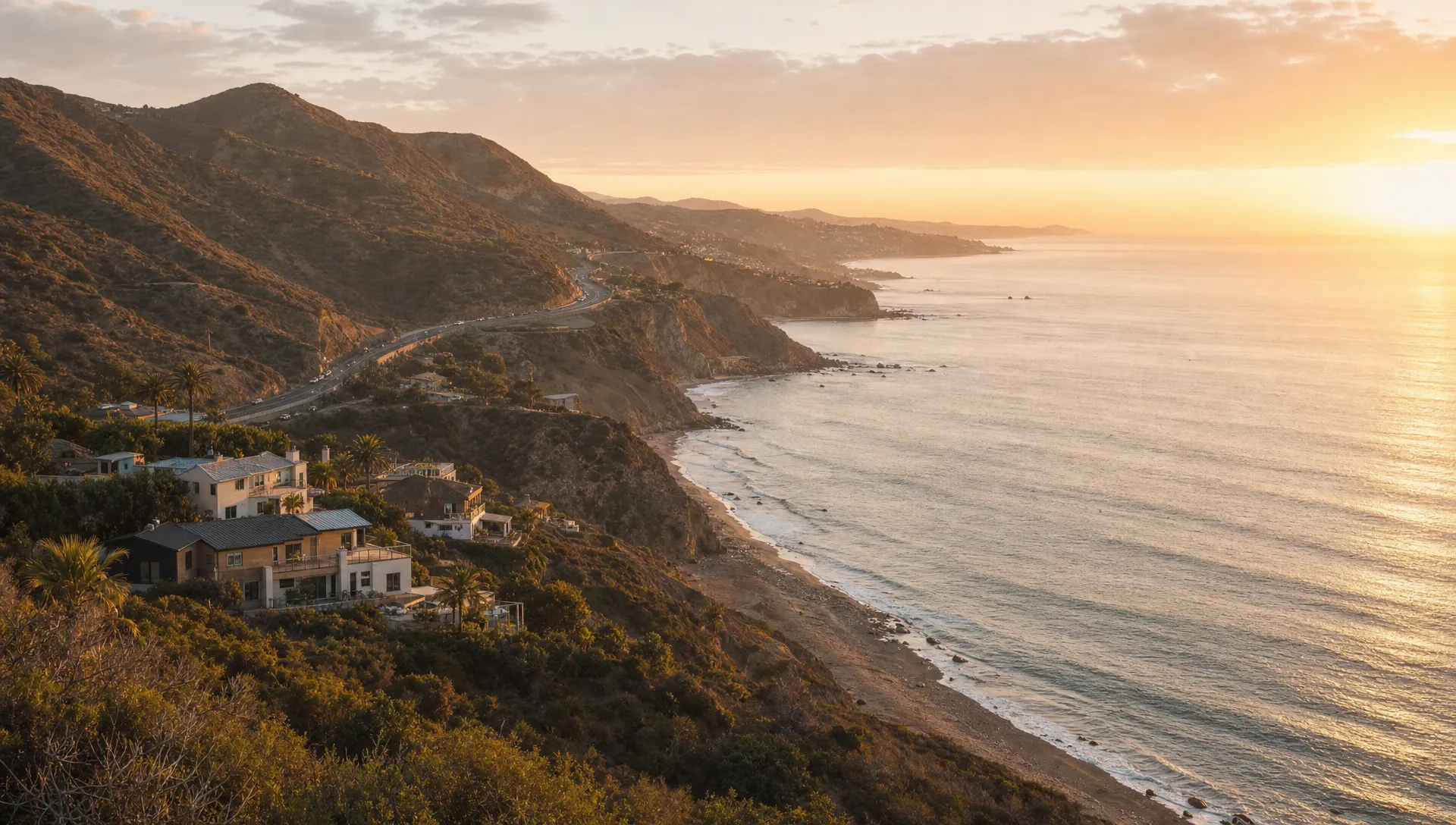 A wide coastal scene of layered ocean bluffs and a quiet California shoreline at sunset, with a few private homes tucked into the landscape and winding roads leading toward different beach towns, suggesting how the right stay changes by destination and trip type. No people visible. The composition should feel like a destination-setting image rather than a home-interior or desk scene.
