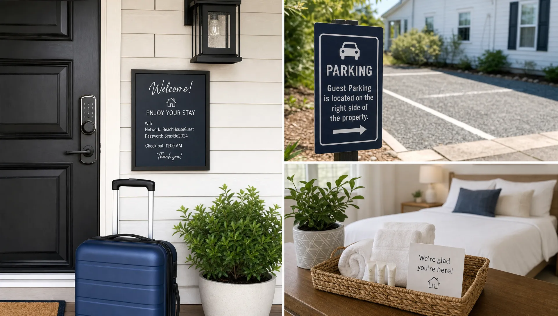 Effortless rentals arrival scene showing a private home entryway with a smart lock, suitcase, clear parking instructions, and a clean welcome area prepared before check-in.