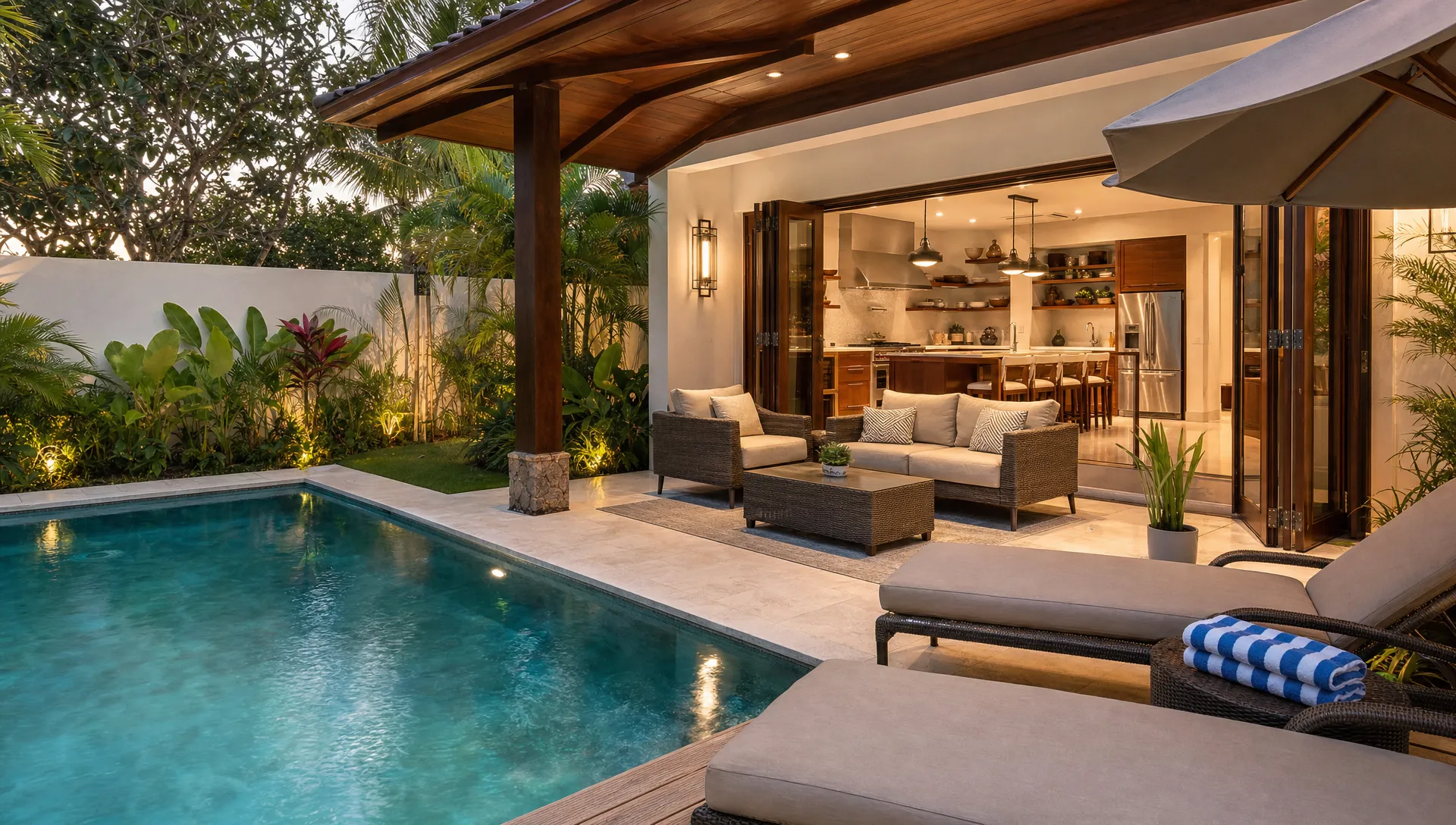 Private luxury vacation rental patio with a pool, outdoor seating, folded towels, open doors to a stocked kitchen, and a calm setting ready for a longer stay.