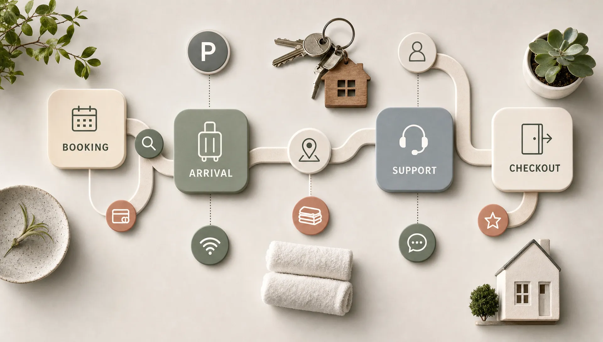 A clean overhead composition of interwoven lines and rounded blocks forming a path from booking to arrival to support to checkout, with subtle symbols for parking, Wi-Fi, towels, and a private home. The arrangement reads like a friction-free stay map rather than a literal room scene, with no people or realistic interior setting.