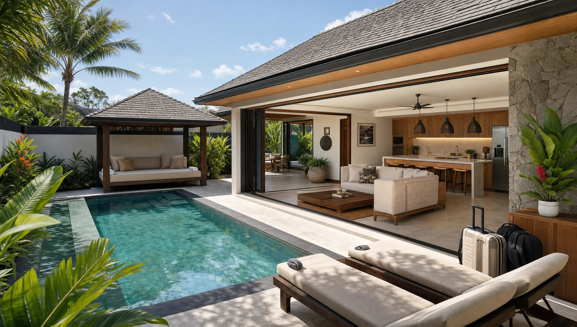 A luxury vacation home shows a private pool, shaded seating, open kitchen, and luggage space ready for arriving guests.