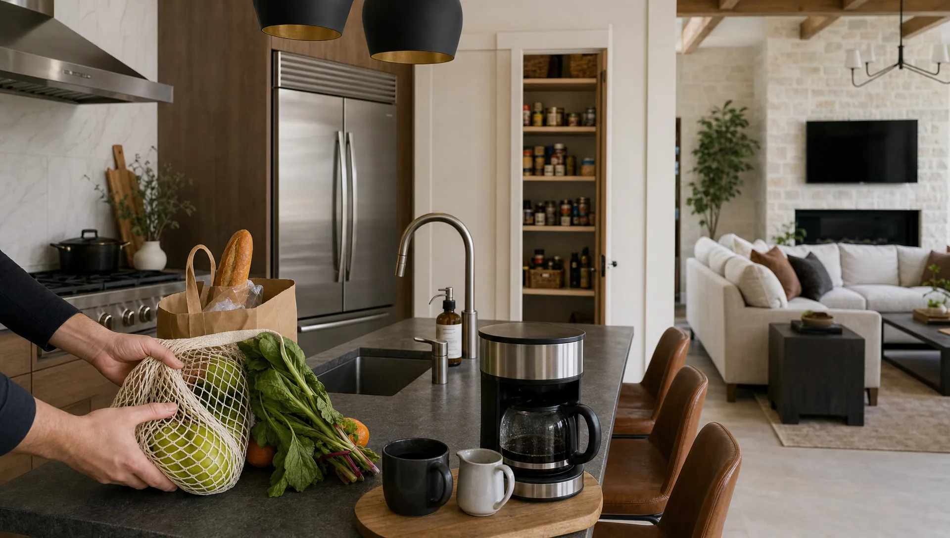 Hands stock a luxury vacation rental kitchen with groceries beside cookware, coffee, and pantry space for a real stay.