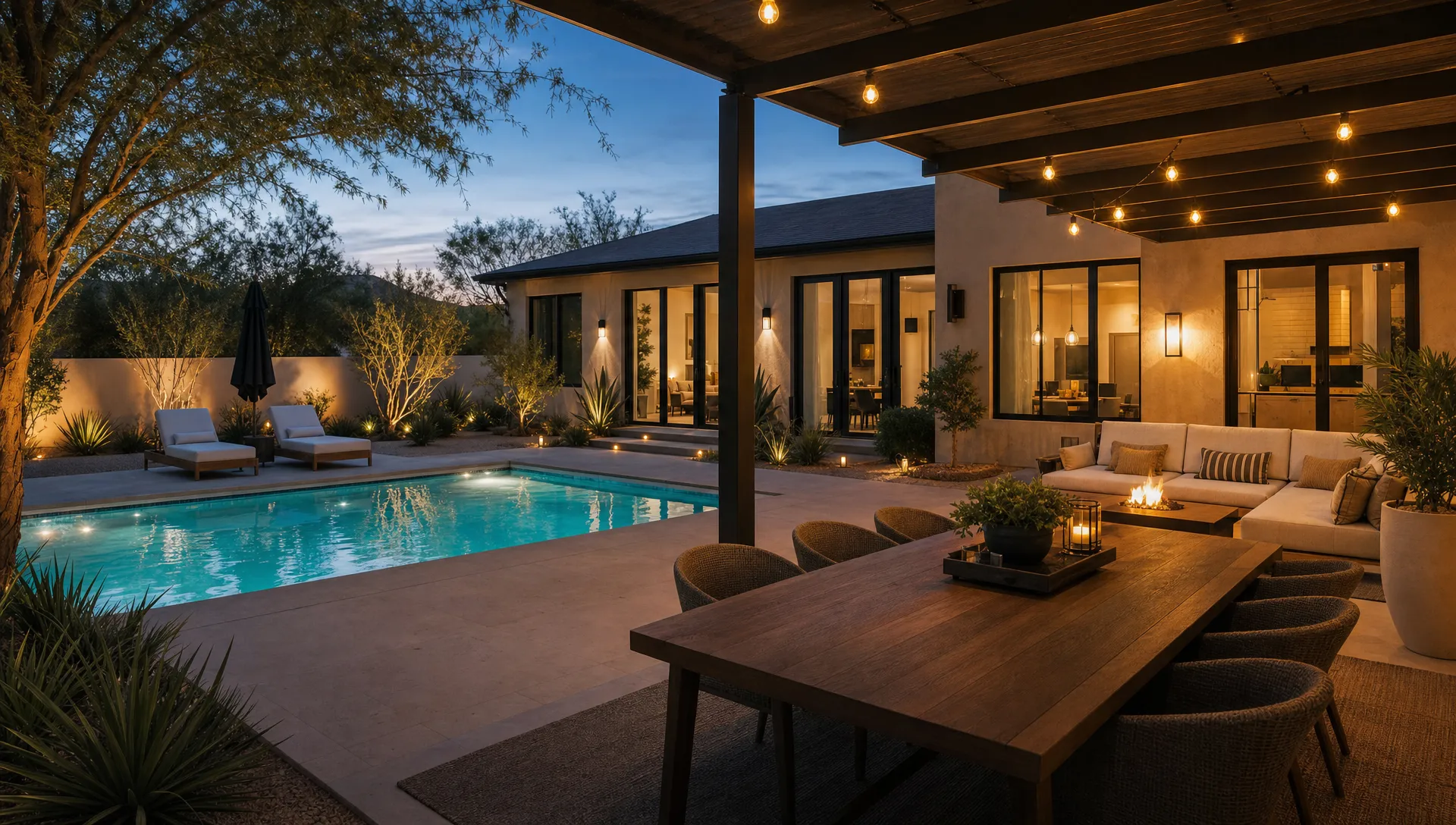 A private backyard at a luxury rental with a pool, shaded dining area, lounge seating, and evening lighting, showing a calm space for families and couples to relax.