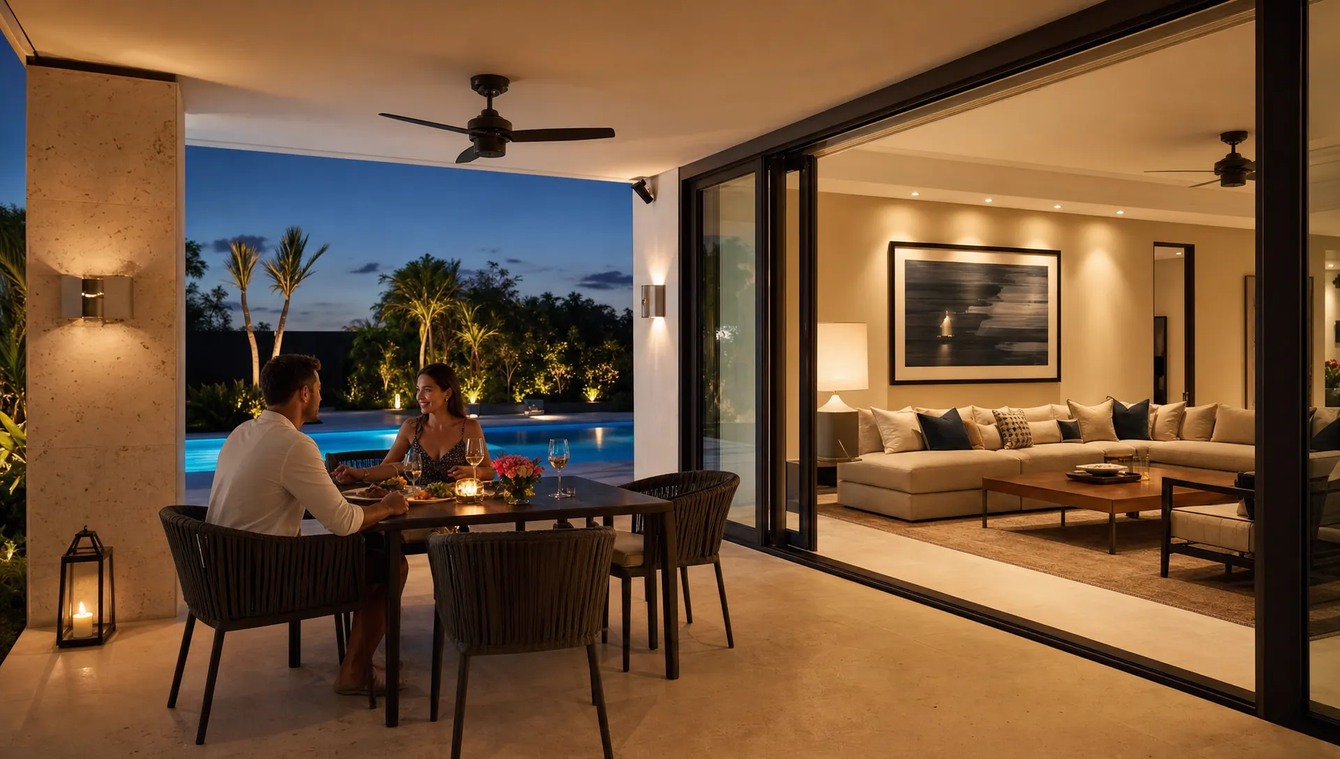 A wide evening scene of a private luxury vacation home living room opening onto a quiet terrace, with a couple enjoying a meal at the outdoor dining area, a pool visible beyond, and the interior lighting softly spilling outside, emphasizing privacy, comfort, and the feeling of a stay that earns its rate through space and convenience.
