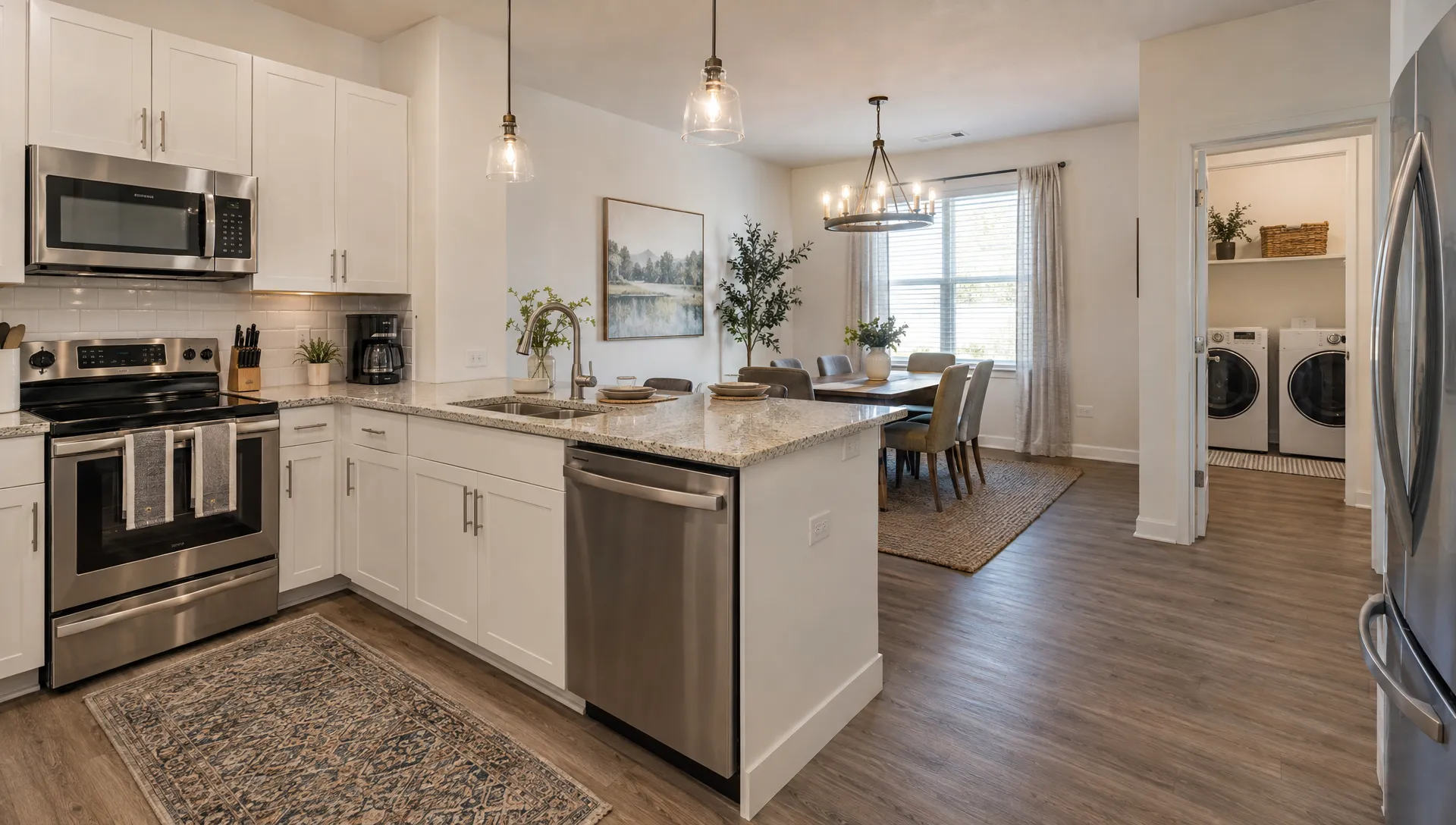 A furnished rental’s kitchen opens toward its dining area, with the laundry nook visible beyond for guests planning a weeklong stay.