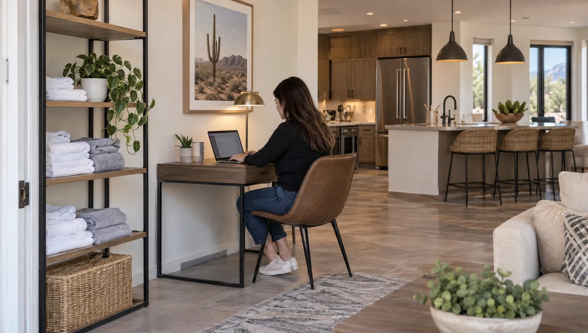 A guest works at a separate desk in a Scottsdale home while folded linens rest on a nearby shelf and the kitchen sits in the background.