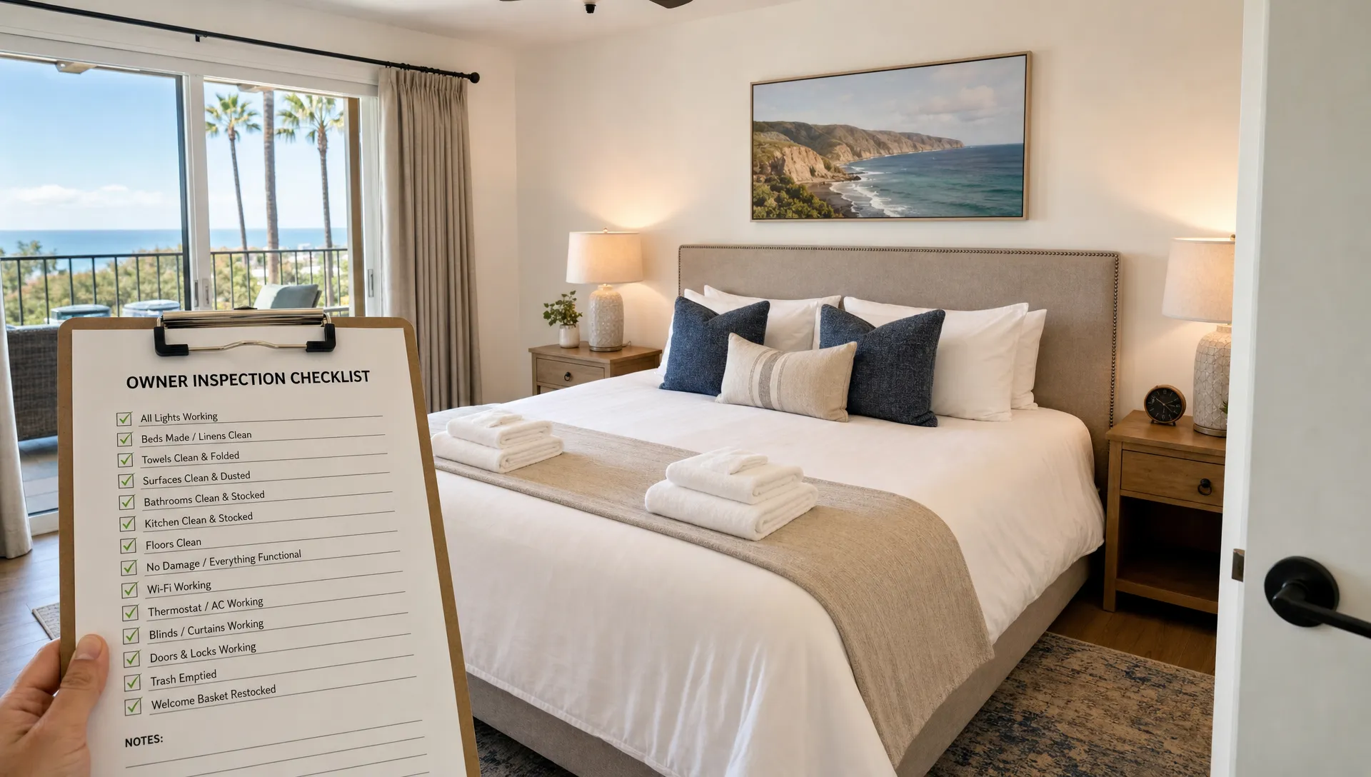 A luxury vacation rental bedroom ready for owner inspection with crisp linens, folded towels, bedside lighting, and a checklist of completed tasks.