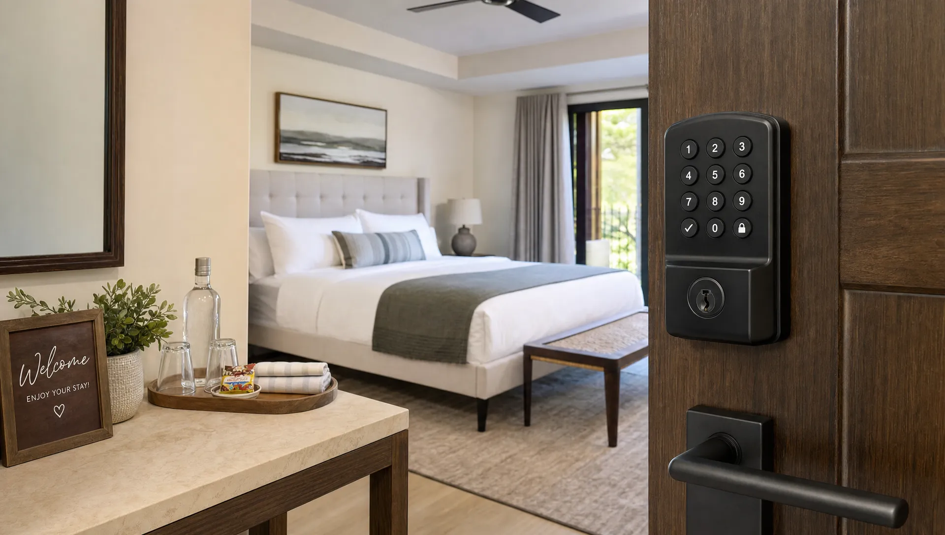 Fresh linens, a smart lock keypad, and a welcome setup sit ready inside a private luxury vacation rental.