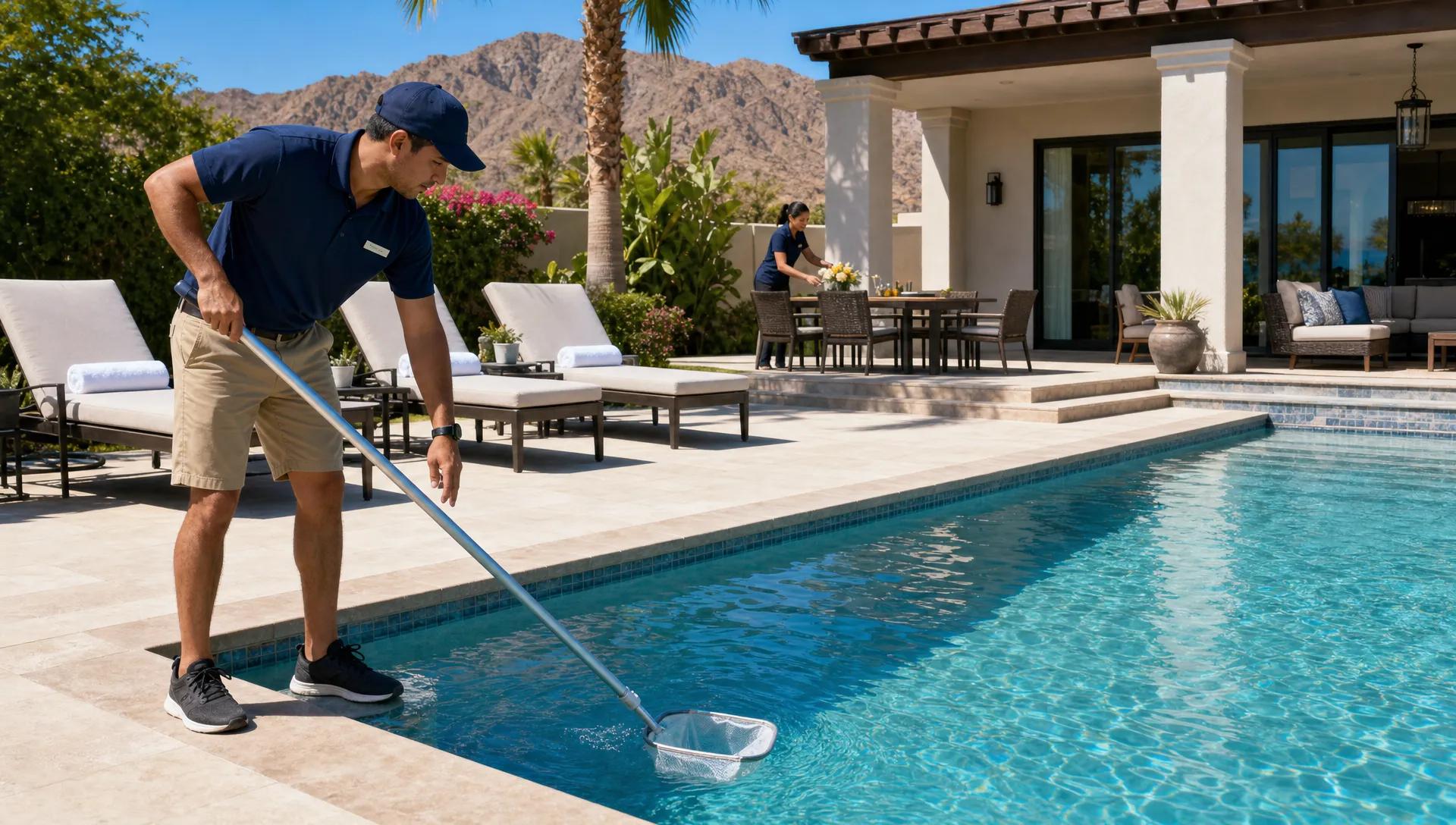 Private pool maintenance and outdoor guest amenities are being prepared before an arrival at a luxury vacation home.