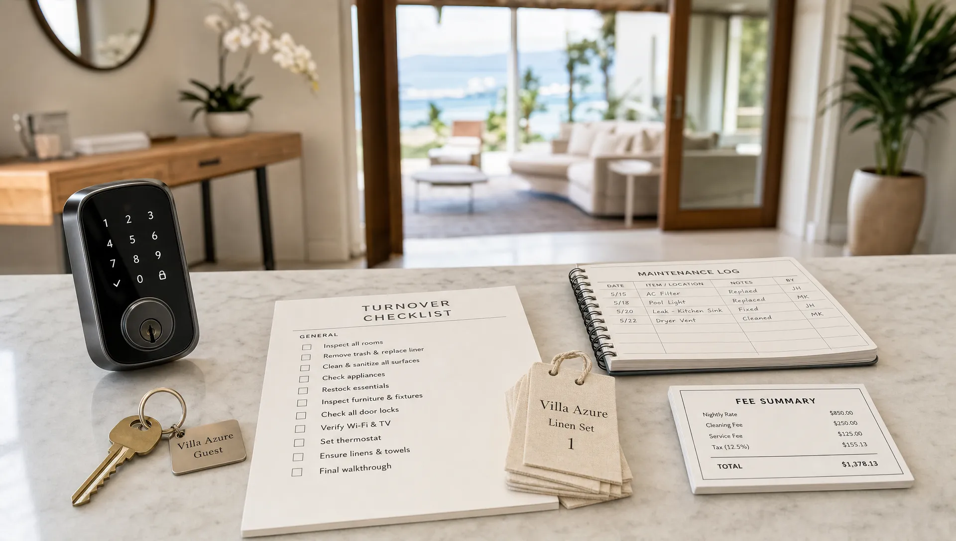 A smart lock keypad, house key, turnover checklist, and maintenance log sit on a kitchen counter in a luxury vacation home.