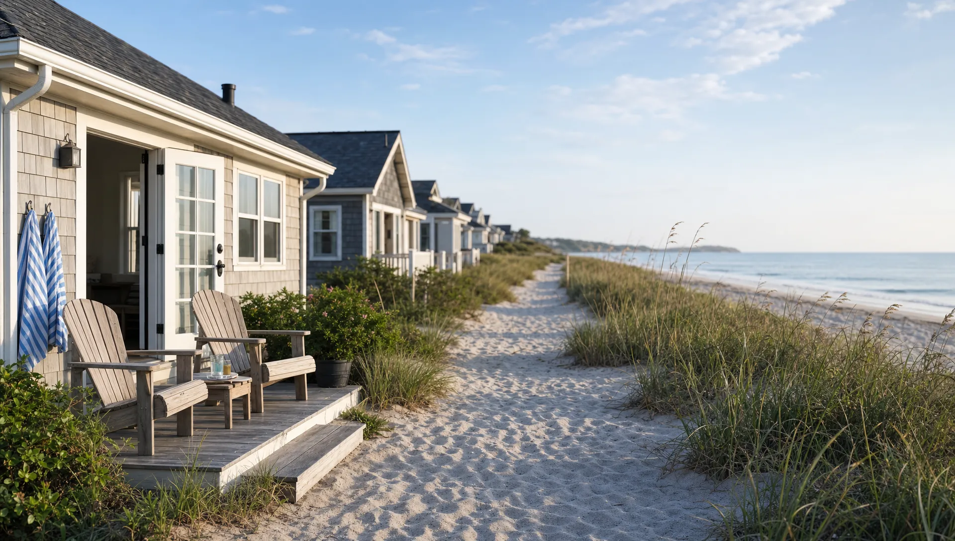 Vacation homes on the beach with private outdoor seating, beach towels by the door, and a clear walking path toward the shoreline in a calm coastal setting.