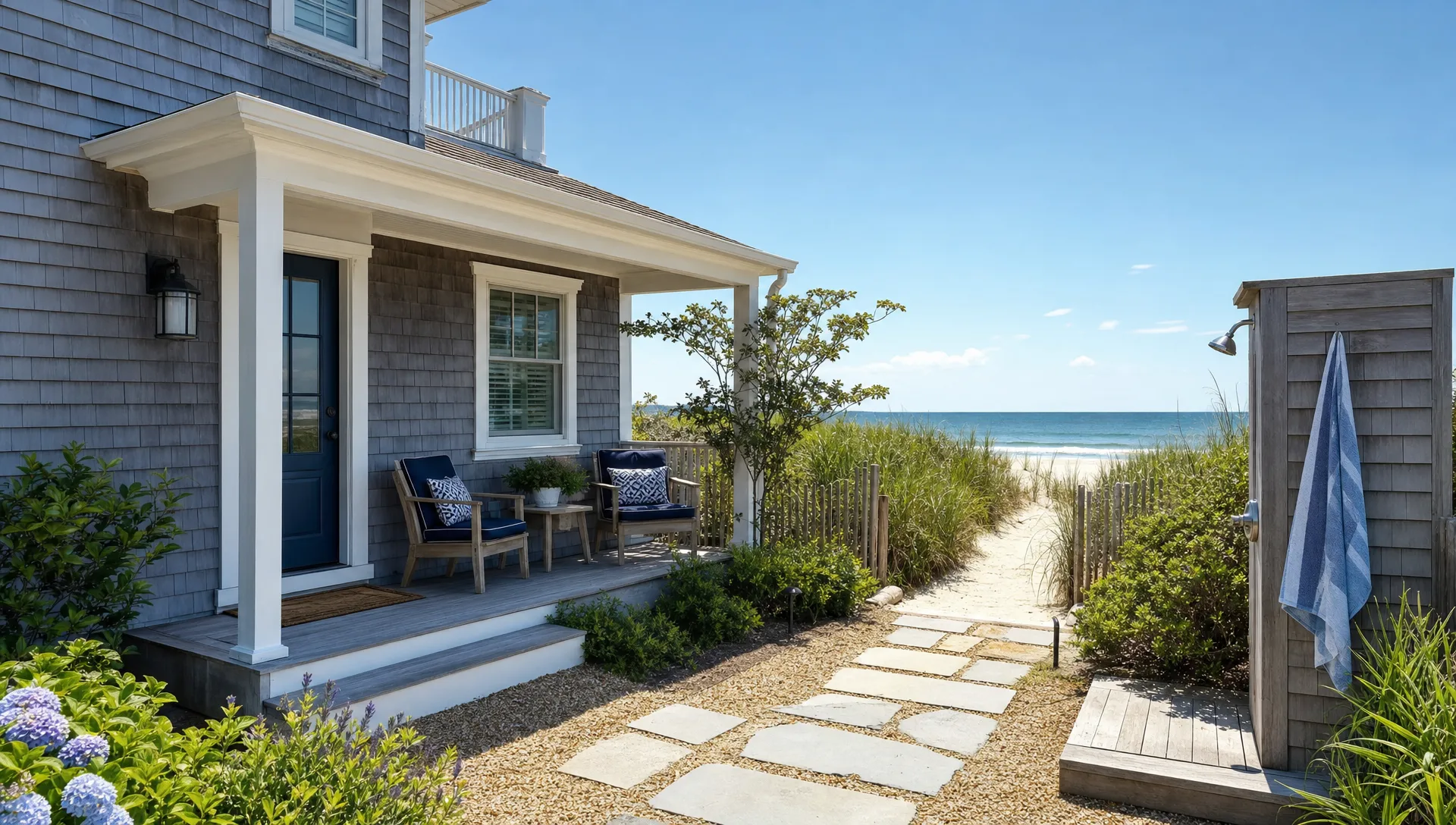 A wide coastal exterior scene of a private beach vacation home with a clearly marked walking path to the sand, a small outdoor rinse area, shaded seating by the entry, and ocean air suggested by dune grasses and open sky, emphasizing practical beach access, privacy, and an easy stay for couples or families.