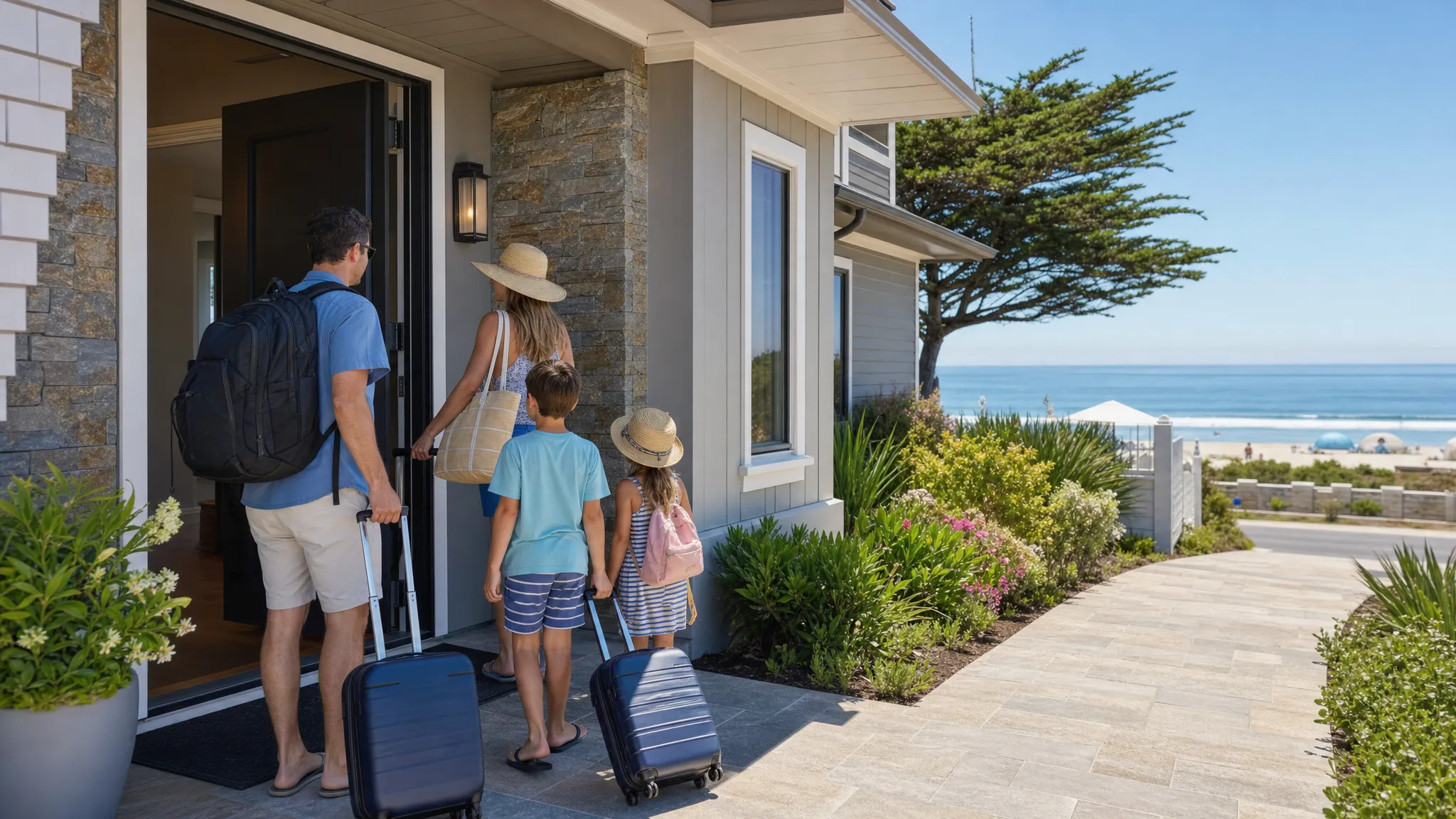 A family arriving at a private coastal home with luggage at the front door, a clear entry path, and the shoreline in the distance, highlighting an easy check-in and beach access.