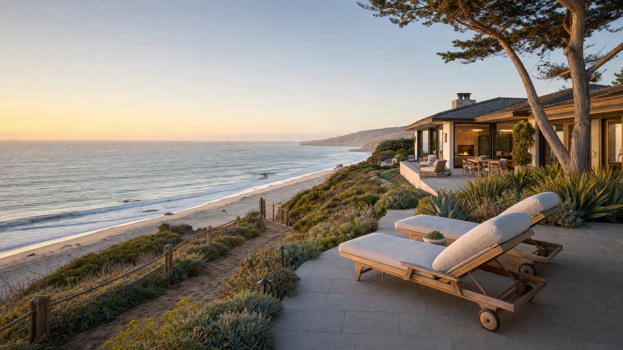 A wide coastal scene with a private luxury beach house set back from the shoreline, a quiet ocean path, dunes or bluff-side landscaping, and a pair of lounge chairs on a private terrace, emphasizing privacy, space, and easy access to the water without resort crowds.