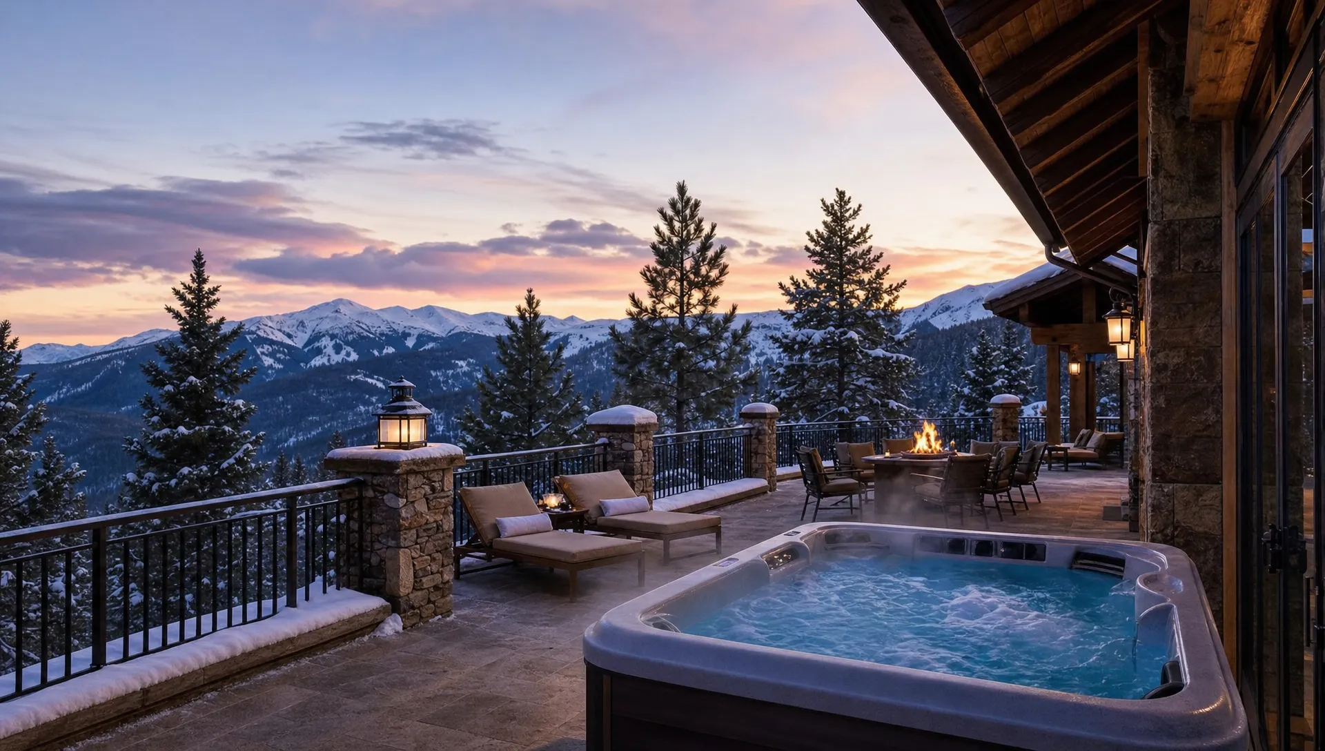 A wide outdoor terrace at a Colorado vacation home with a private hot tub, lounge chairs, snow-dusted evergreens, and mountain views in the distance, framed for an easy after-ski evening.