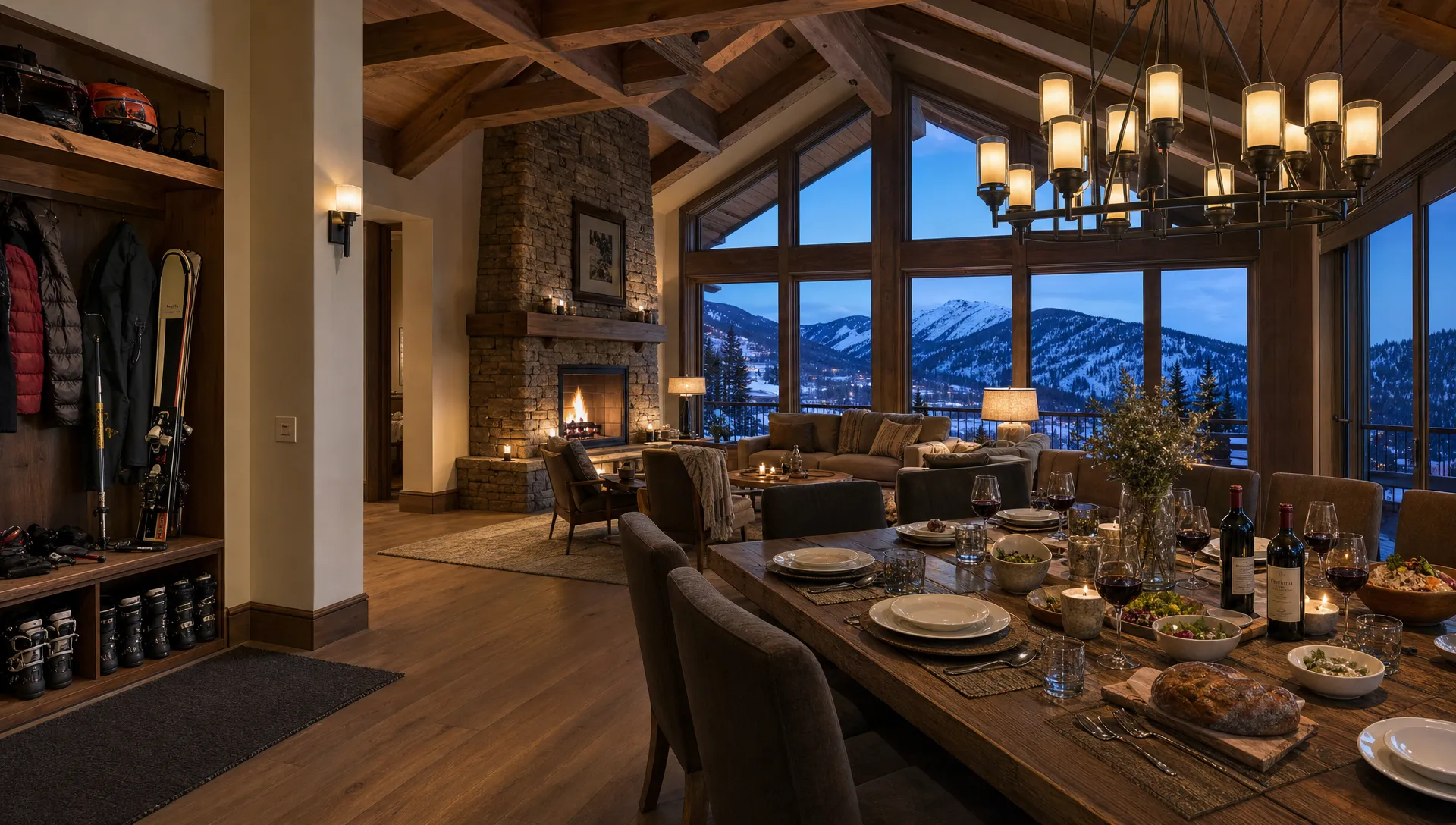 A wide mountain lodge-style scene inside a private Colorado vacation home, with a stone fireplace, a wall of windows facing snowy peaks, a boot drying area and ski gear near the entry, and a dining table set for a relaxed evening in, emphasizing warmth, space, and mountain-ready convenience.