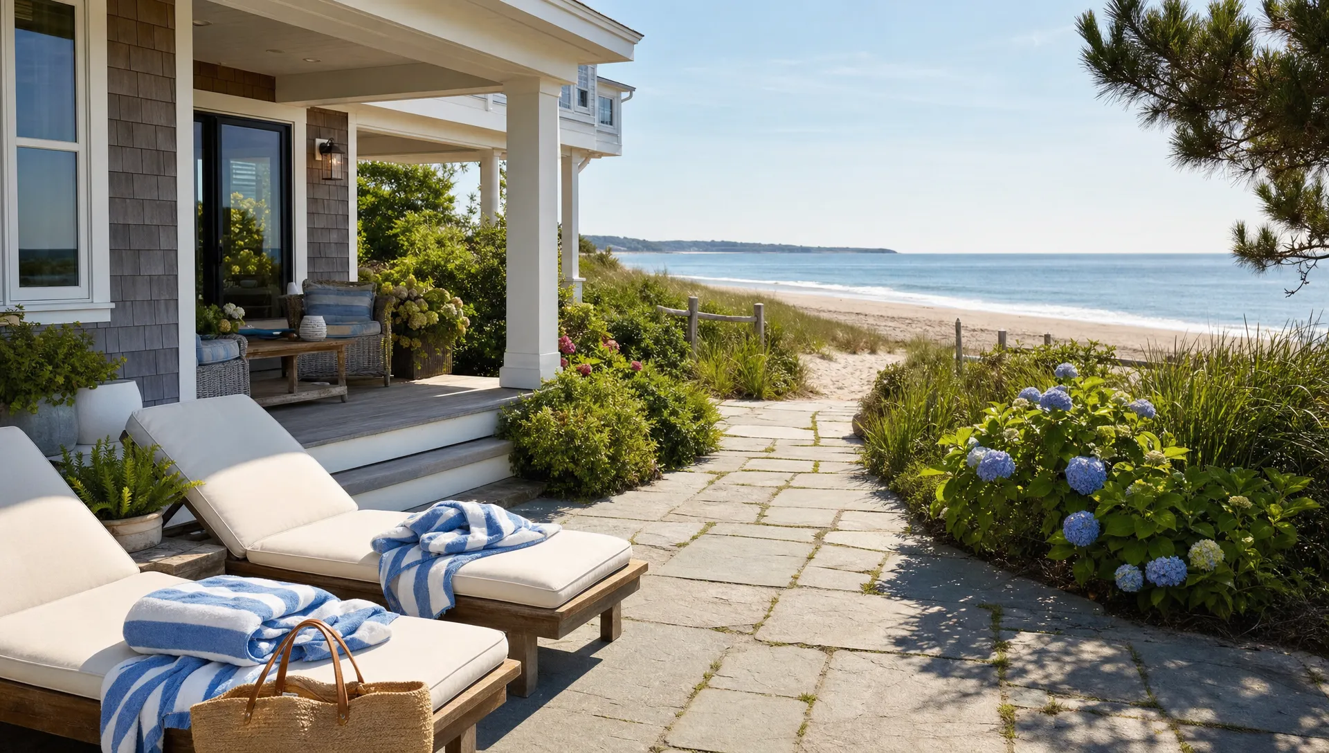 A private coastal vacation home with outdoor towels, seating, and a clear path toward the beach.