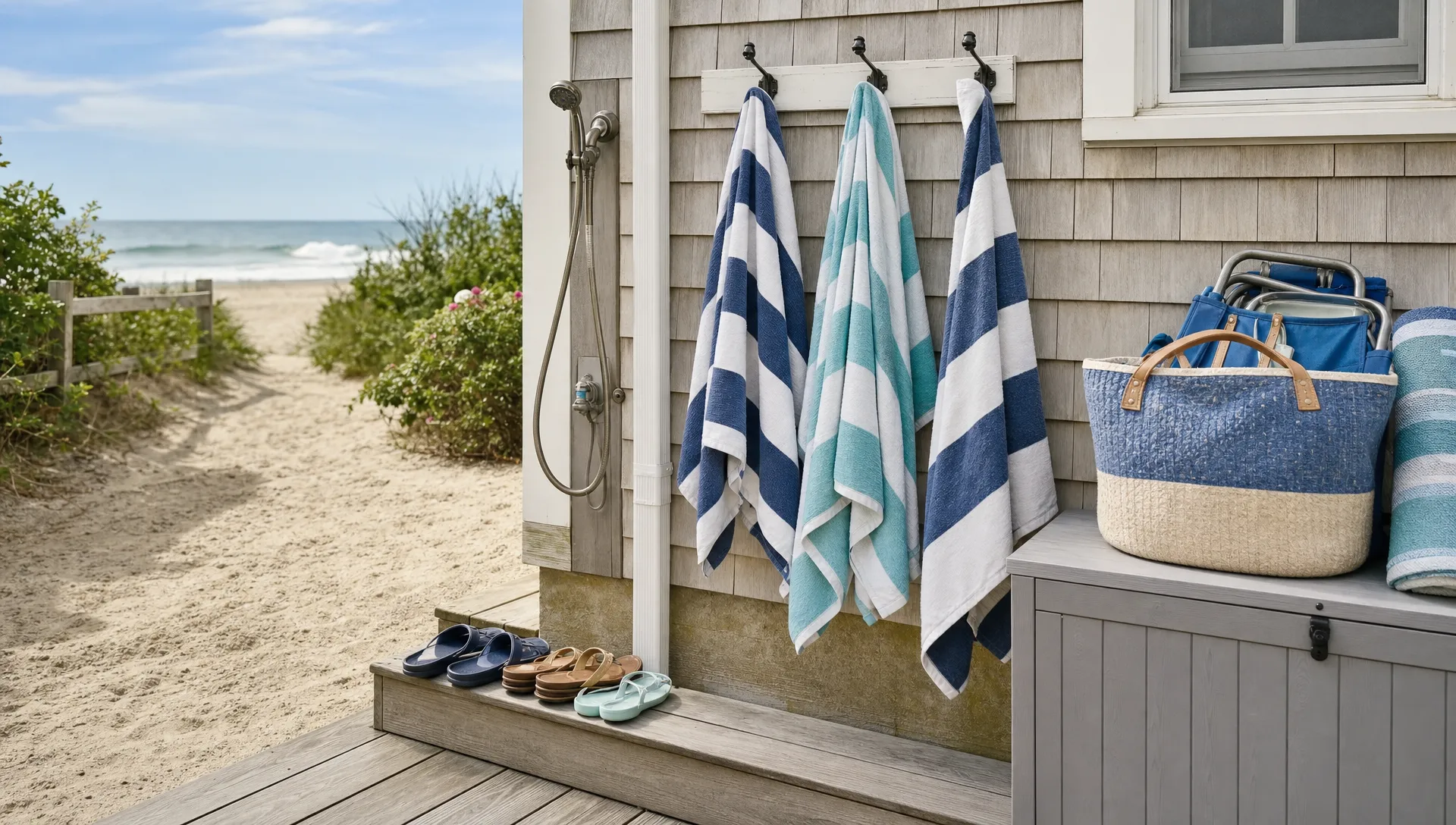 Beach gear and a rinse station sit beside the side entrance of a beach access vacation rental near the sand.