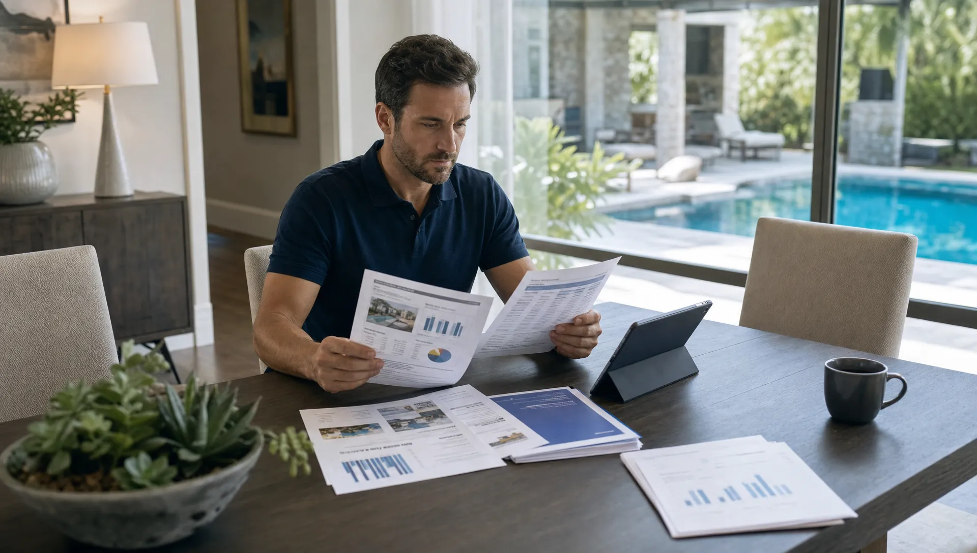 Luxury homeowner reviewing printed reports at a dining table while comparing vacation rental management companies for a private pool home, with a tablet and a window view of the backyard beyond