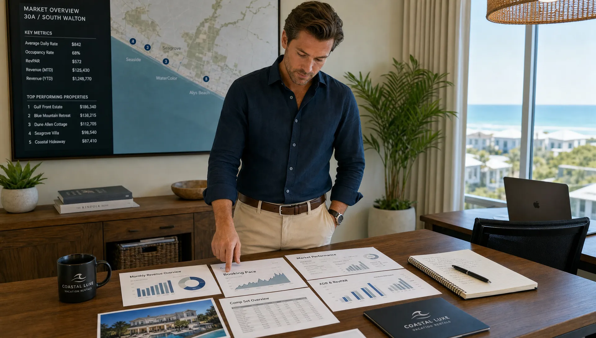 A wide indoor scene of a luxury vacation rental office setup with one property manager standing beside a desk, printed revenue reports spread out, a notebook and pen, and a wall view map or market board in the background, conveying careful comparison of performance, pricing, and operations for a high-value home.