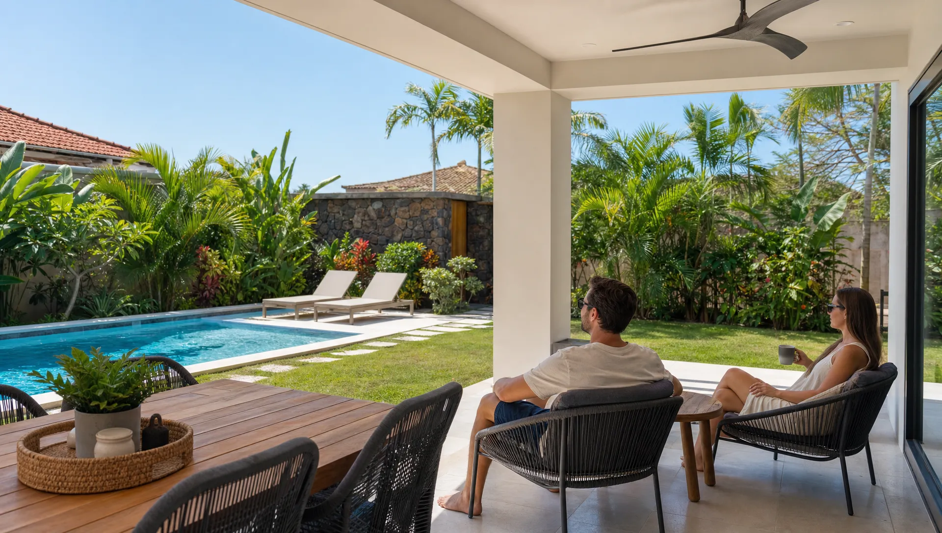 Couple relaxing on a shaded patio at a short term vacation rental with a private pool, outdoor dining table, and landscaped backyard.