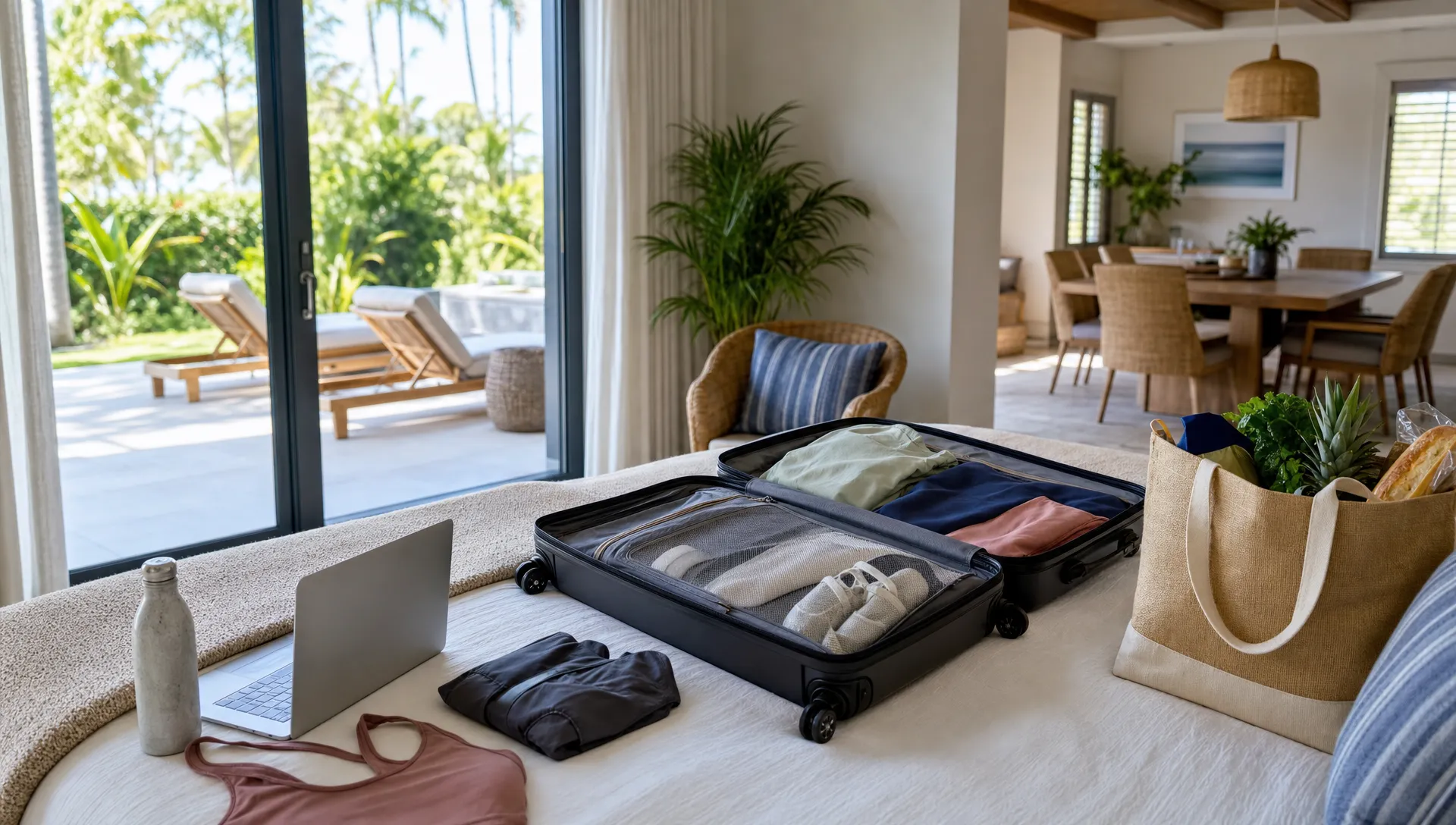 A wide conceptual travel scene showing an open suitcase on a neatly made bed inside a private luxury vacation home, with a laptop, folded workout clothes, a grocery bag, and a child-free family trip vibe implied through travel essentials, while large sliding doors reveal a private patio and separate dining area beyond. The composition should emphasize how a short term vacation rental supports real daily routines, privacy, and longer stays better than a hotel, with no desk-focused office feel.