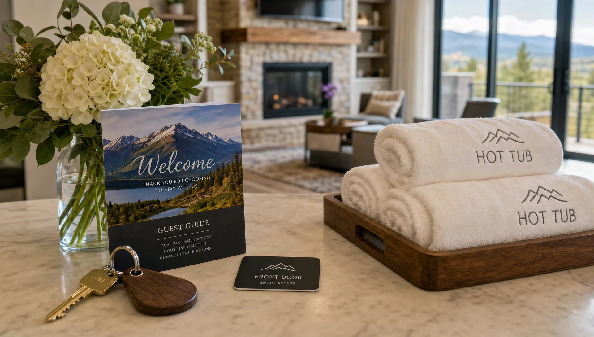 A welcome setup with house key, guest guide, and hot tub towels shows the details that make luxury short term rentals feel worth the rate.