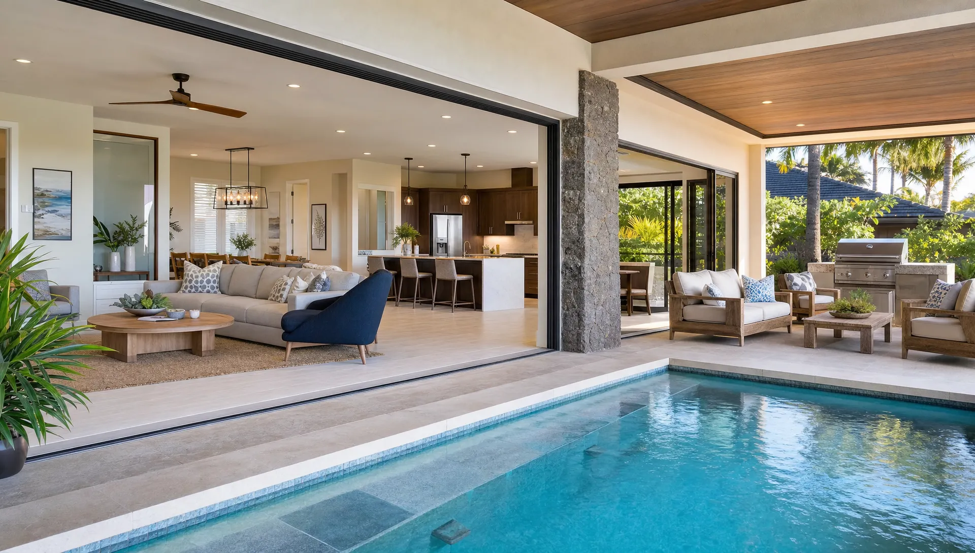Luxury short term rentals with a private pool, furnished patio, and open living space prepared for a family vacation.