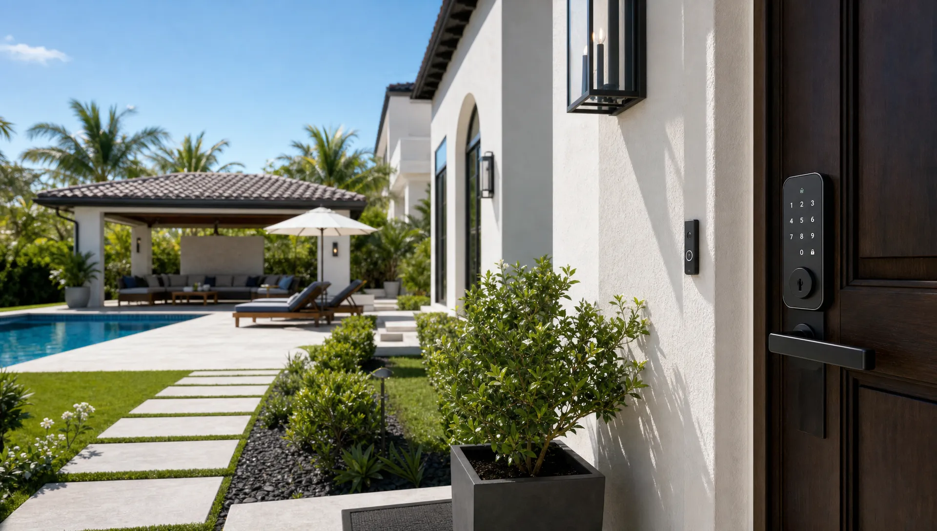 A luxury vacation home exterior with a private pool, shaded lounge seating, neat landscaping, and a smart lock at the front entry ready for guest arrival.