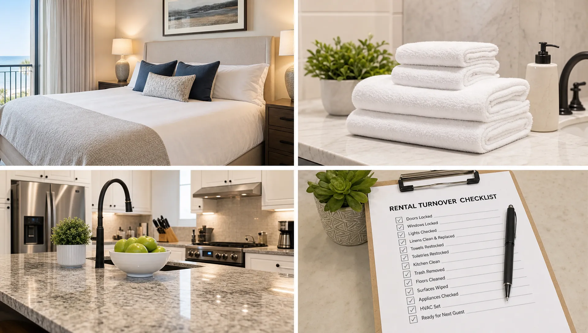A luxury rental turnover scene with fresh linens on the bed, restocked towels in a bathroom, a spotless kitchen counter, and an inspection checklist ready for the next guest.