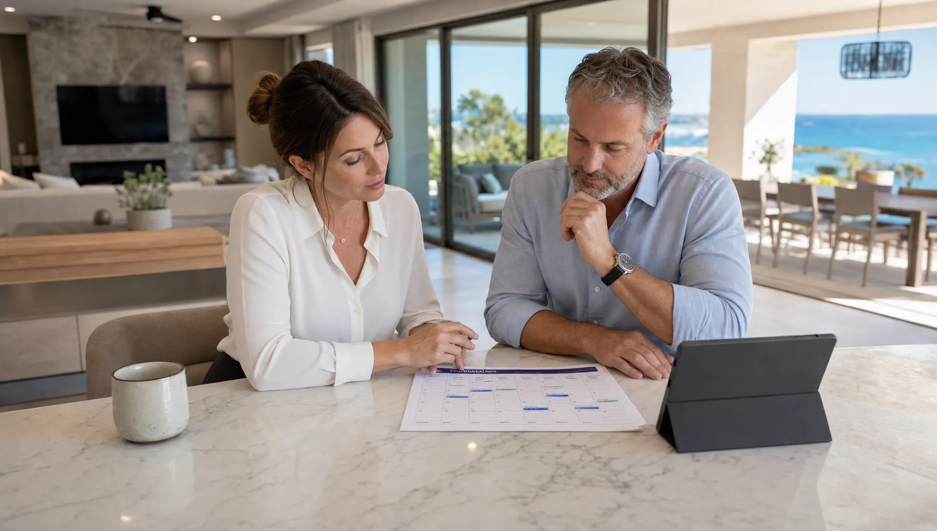 A wide interior scene of a luxury home operations meeting at a kitchen island, with a property manager and homeowner reviewing a printed maintenance calendar, a tablet facing the camera with no screen content visible, and a bright living area and patio visible in the background, conveying professional oversight, revenue protection, and hands-off ownership.