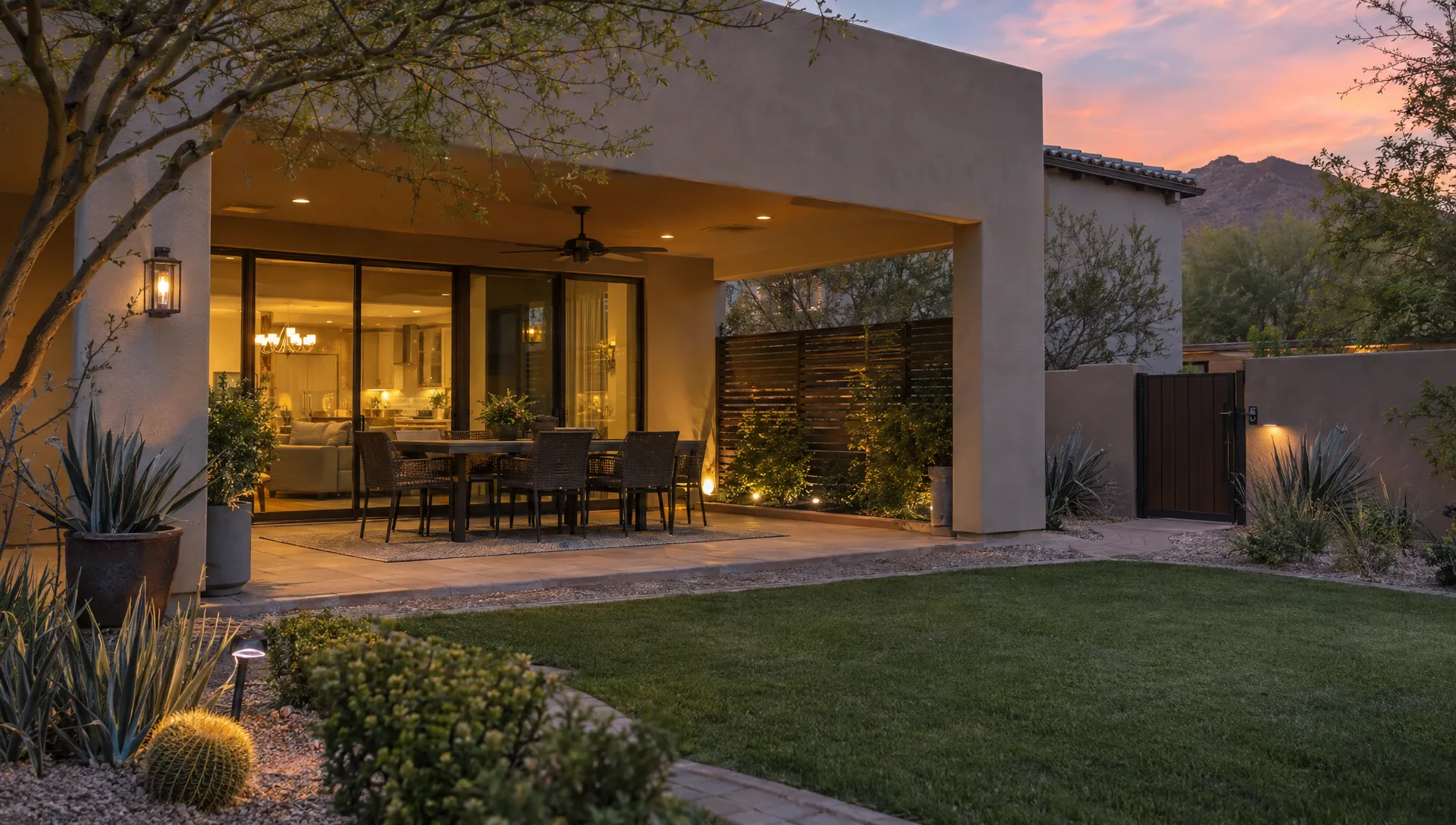 A covered Scottsdale patio has a dining table, screened seating, and a closed side gate at dusk.